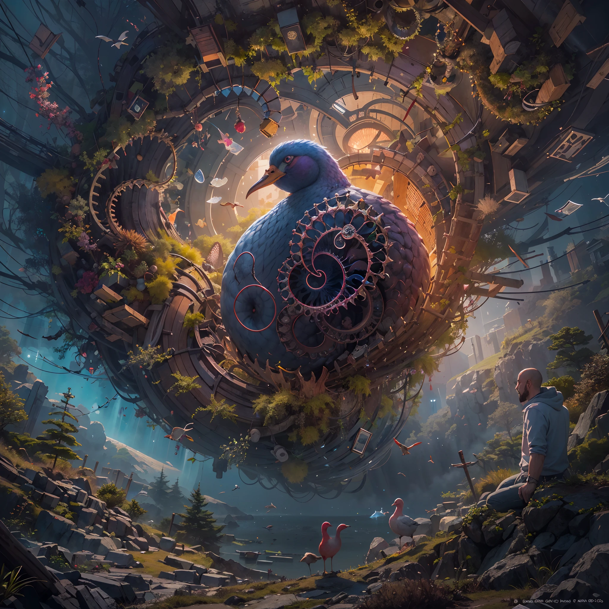 Monstruo gigante mirando hacia abjao en un paisaje de otro mundo,Gigante echo de fractales, Fractal infinito,fractal de Mandelbrot, divino, Figura imponente humanoide, masivo,escala masiba, mirando hacia abajo, de pie, inmenso, apocalyptic, colorido, iridiscente, obra maestra, 4k-resolution, detalles intrincados, dios,divino,ente superios echo de fractales,figuara imposible,geometria unica,
