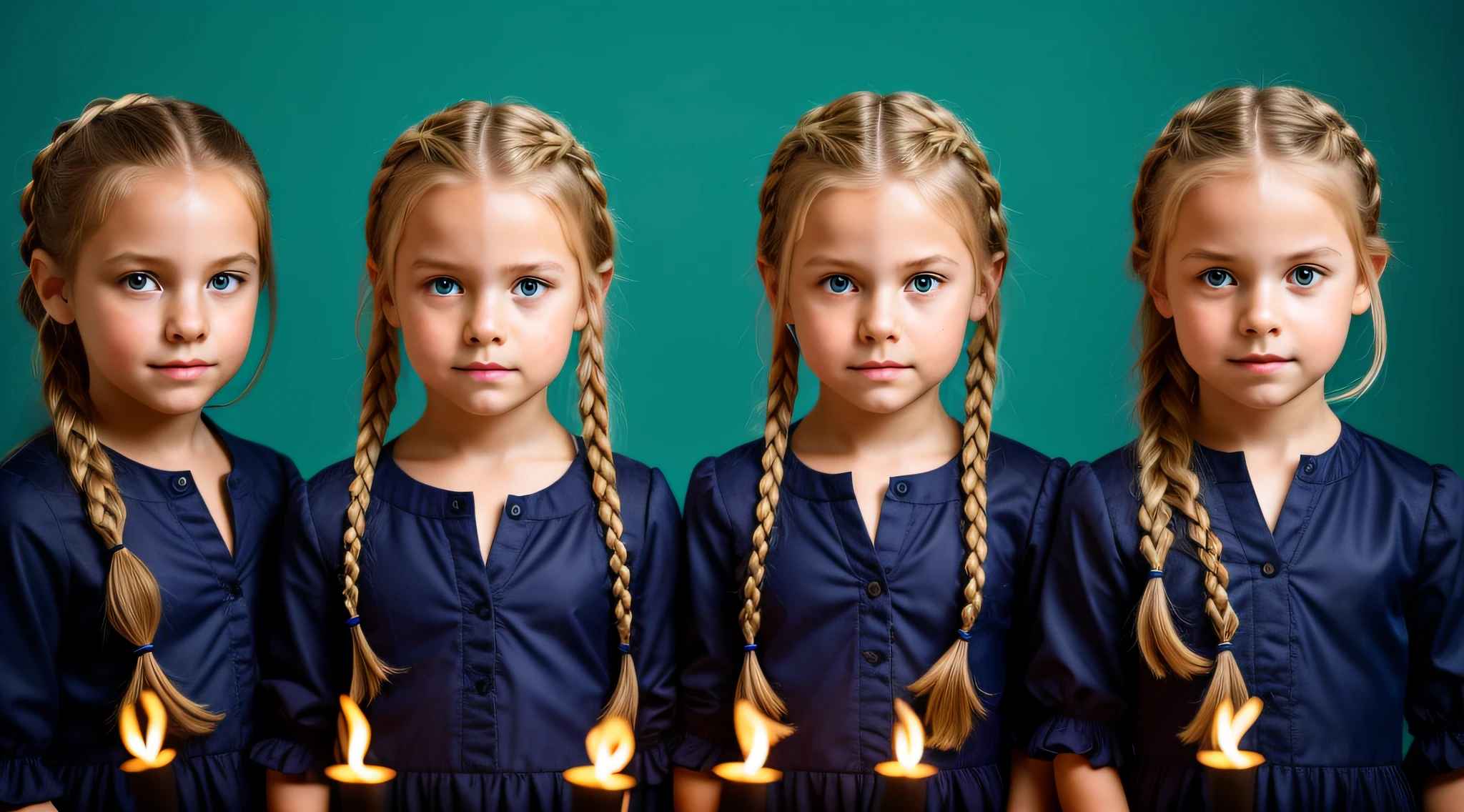 Three blonde girls children in braids holding torches in front of a blue background, 3 sisters look into the mirror, color studio portrait, meninas jovens, in a row, simetria!! retrato, childrens, profissionalmente retocado, beautiful highly symmetric faces, childrens, Directed by: Jan Rustem, pintado digitalmente, identical picture, symmetrical centered portrait, twins, photo illustration, Clones