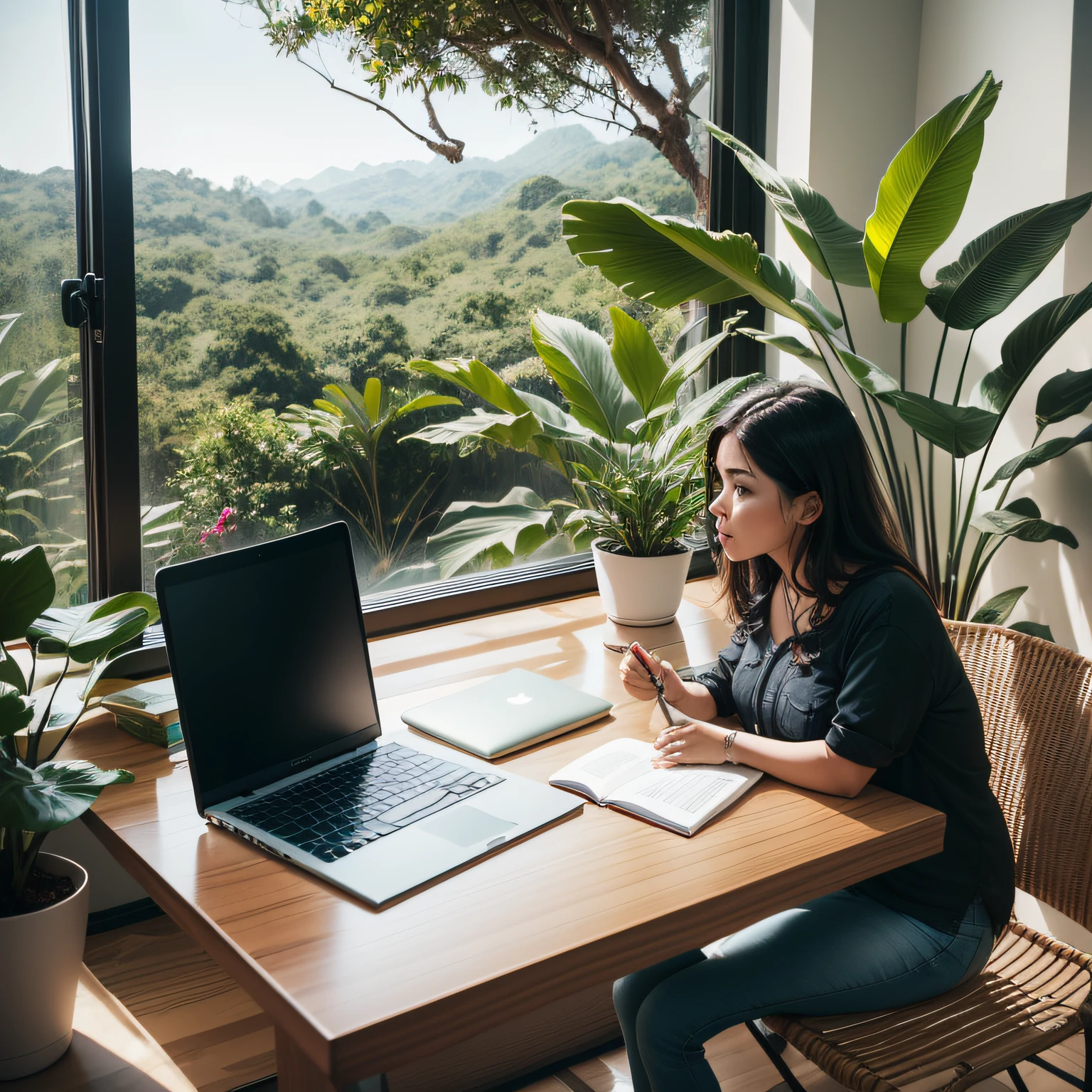 mulher trabalhando em um  homeoffice(foto realista)), ((Home office)), ((design de interiores)), ((moderno)) e ((ecological)), ((fotografia de arquitetura)), dynamic perspective, dinamic angle, natural  lightting&gt;artificial lighting, algumas plantas, alguns livros, laptop e drone, janela, Amazon rainforest outside the window, ((wooden furniture: 1.2|\[metal furniture\]:0.8)), cores terrosas, ((sem pessoas)),obra-prima, melhor qualidade, grain of film, Fujifilm XT3.