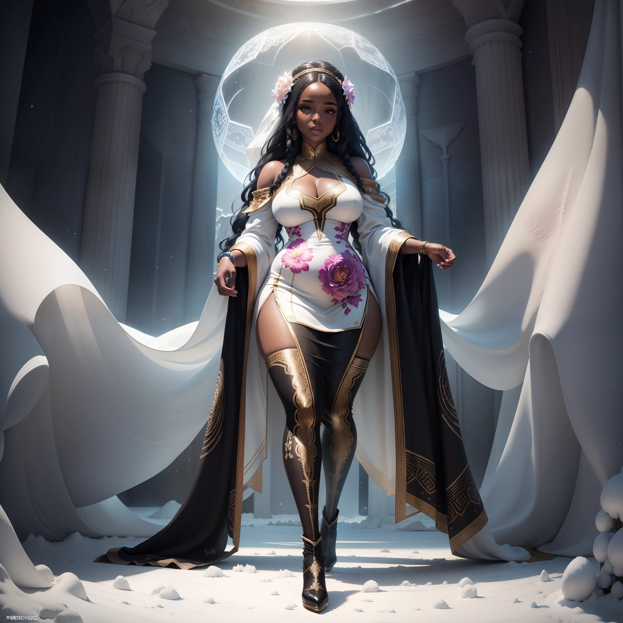 Beautiful black curvy girl dressed in a silk african designed flower dress, standing in a white snow palace full of beautiful frozen furniture, with iridescent light, highly detailed images, vibrant beautiful colours, photorealistic image, 8k, ultra HD, unreal engine rendered, cinematic lighting, artgerm style,
