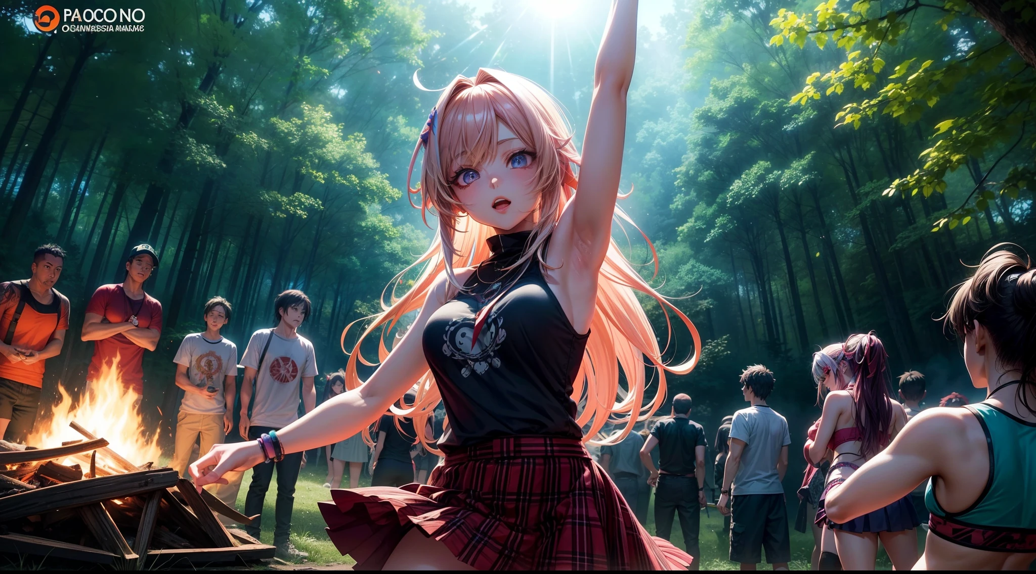 anime style. In the middle of a large forest in North America a rave is held. It is summer, it is hot, it is night and there are bonfires that give good light to the image. A woman of great beauty with an alternative and pseudo-hippie look is dancing with her arms open in a state of euphoria and trance. (Best quality) (master piece)