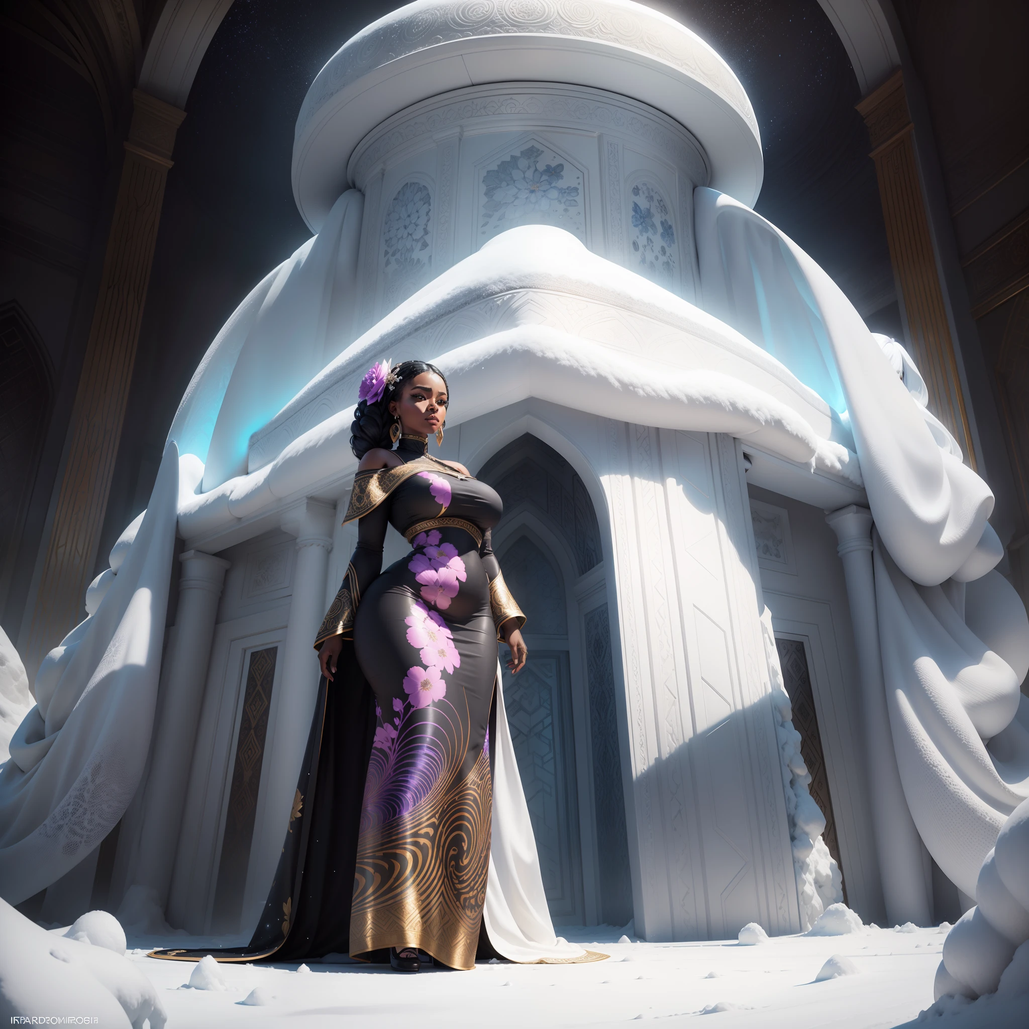 Beautiful black curvy girl dressed in a silk african designed flower dress, standing in a white snow palace full of beautiful frozen furniture, with iridescent light, highly detailed images, vibrant beautiful colours, photorealistic image, 8k, ultra HD, unreal engine rendered, cinematic lighting, artgerm style,