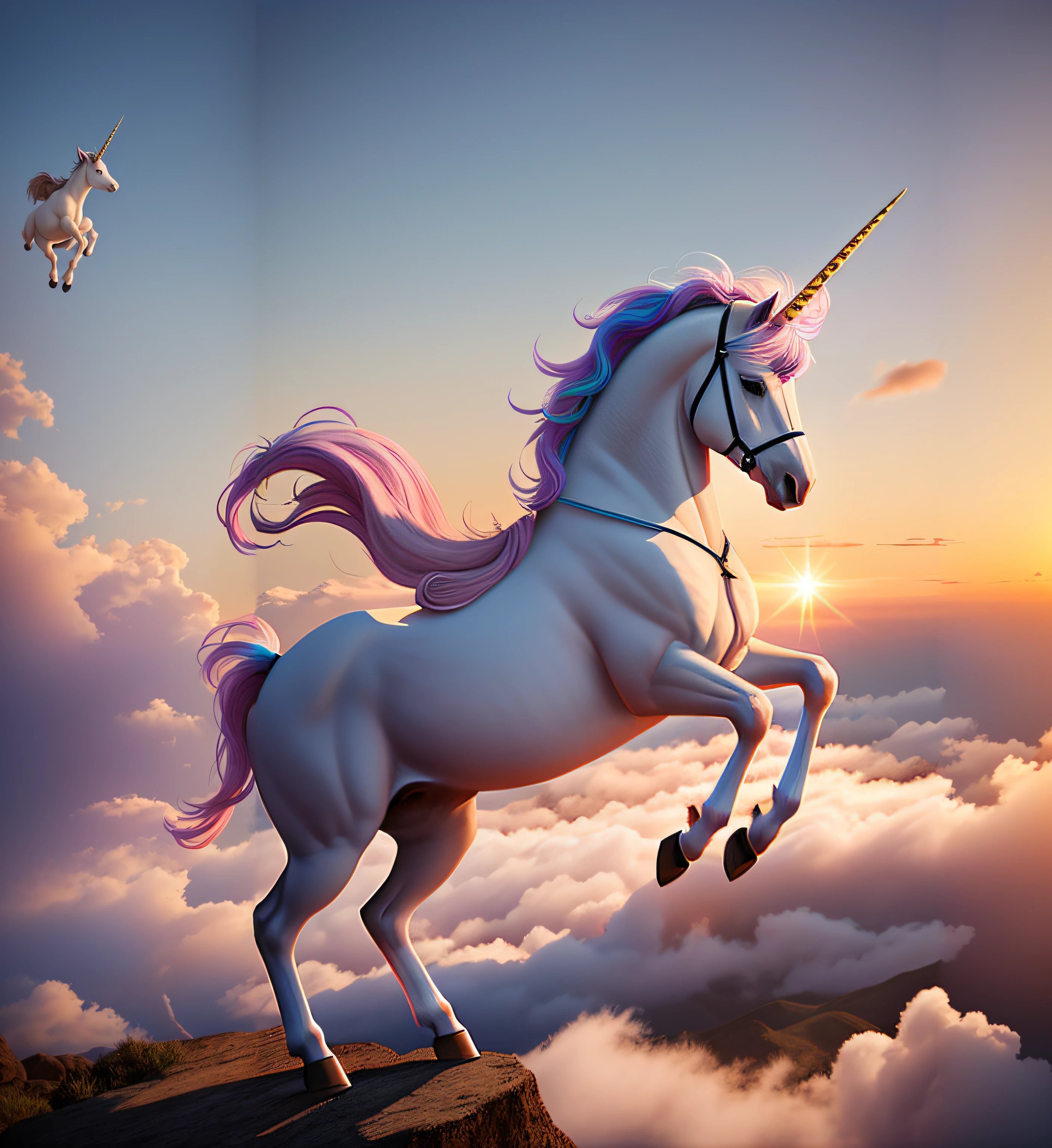 unicorn standing on a rock with a sunset in the background, unicorn flying in the sky, unicorn, O melhor no Adobe Stock, unicorn from the tusk movie, a unicorn, white unicorn, unicorns, riding a unicorn, Shutterstock, woman riding a flying unicorn, unicorn horn, Directed by: Luis Miranda, incrivelmente realista, ultra realistic 3d illustration, ( ultra realistic