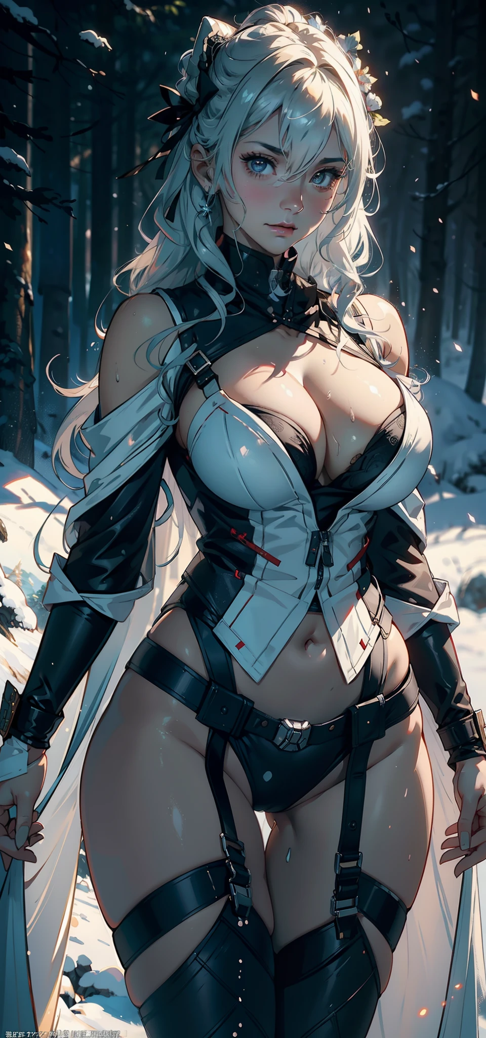 1female,25 age old,Large breasts,Pornographic exposure, 独奏,Wearing a Star Wars Empire stormtrooper uniform(Background with:coniferous forest,at winter season,Snow on the ground) with long white hair, 比基尼,standing on your feet,Sweat profusely,drenched all over the body, curlies, mostly cloudy sky,(((tmasterpiece),(Very detailed CG unity 8K wallpaper),best qualtiy,cinmatic lighting,detailed back ground,beatiful detailed eyes,Bright pupils,(Very fine and beautiful),(Beautiful and detailed eye description),ultra - detailed,tmasterpiece,)),face to the viewer,A high resolution,ultra - detailed)Victorian style,revealing breasts,Bare genitalia, Bulge,Camel toes,Raised sexy,Flushed complexion,Open-mouthed,frontage,