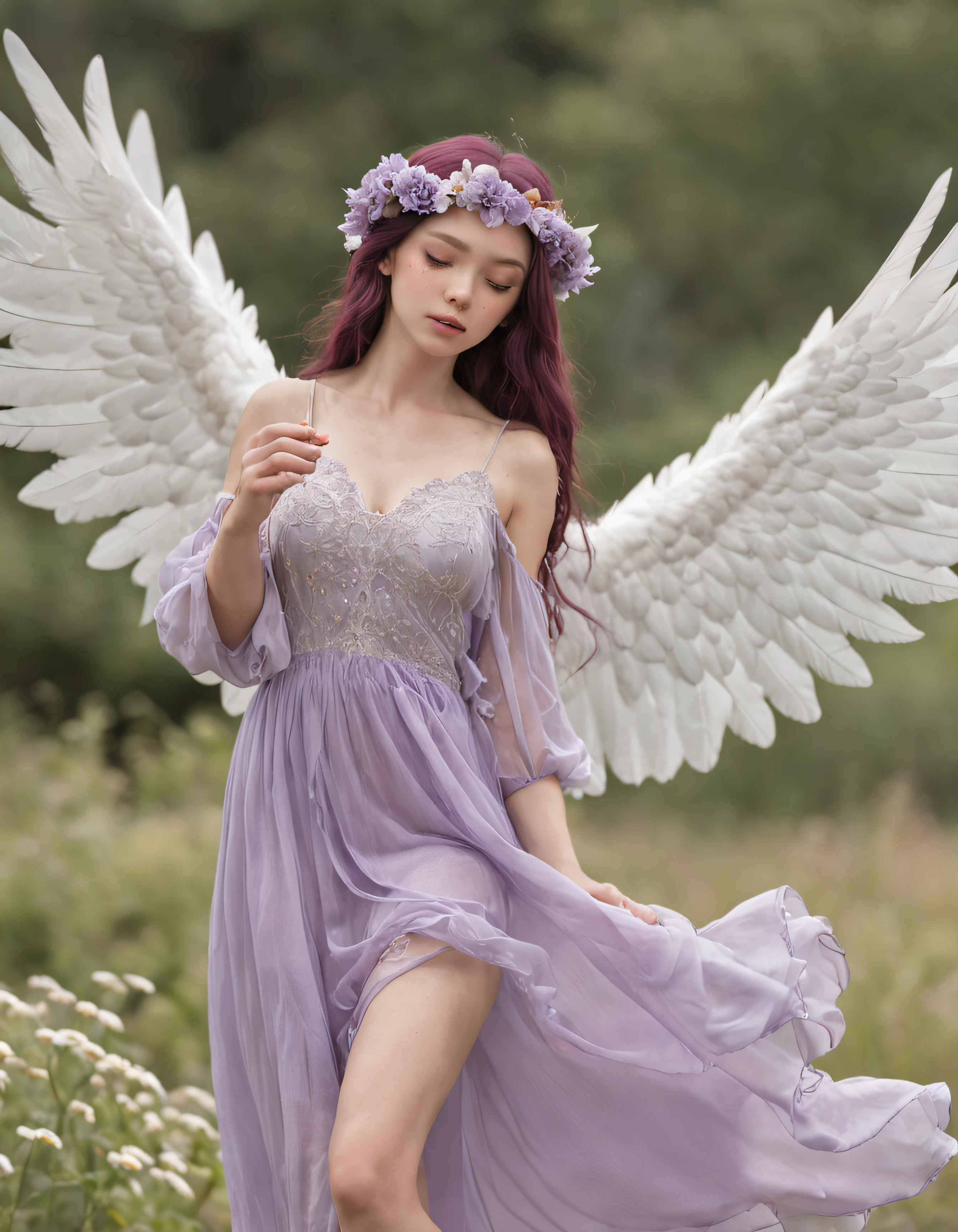 1girl, wings, solo, barefoot, flower, long hair, sky, dress, petals, outdoors, angel wings, holding, holding flower, cloud, closed eyes, feathered wings, purple hair, wind, field