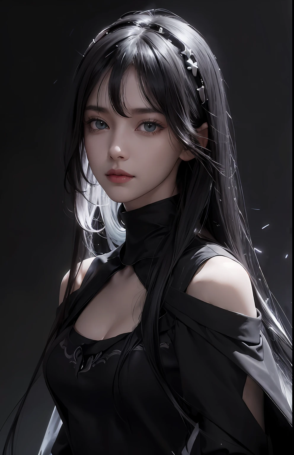 (Ultra Realistic), (Illustration), (Increased Resolution), (8K), (Extremely Detailed), (Best Illustration), (Beautiful and Detailed Eyes), (Best Quality), (Ultra Detailed), (Masterpiece ), ( wallpaper), (detailed face), solo, 1 girl, mature, age 25,looking at viewer, fine details, detailed face, in the dark, deep shadows, low key, pureerosfaceace_v1, smiling, long hair, black and white, shawl straight hair , 46 points oblique bangs, masterpiece, best quality, 35mm, 8k, absurdres, beautiful girl, (upper body, dark grey background:1.4), (black classical dress, black hair:1.6), slender, dark studio, rim lighting, ultra realistic, highres, photography, film grain, chromatic aberration, depth of field, sharp focus, HDR, facelight, dynamic lighting, cinematic lighting, professional shadow, dark shadow, highest detailed, extreme detailed, ultra detailed, finely detail, real skin, delicate facial features, detailed face and eyes, sharp pupils, realistic pupils, long black hair with bangs, black hair top, white hair undercolor, Split Hair Two Tone , Split Hair Two Tone black and white color hair,black hair, white hair, mix hair color,green eyes, white hair emerald eyes. white hair, platinum hair color.