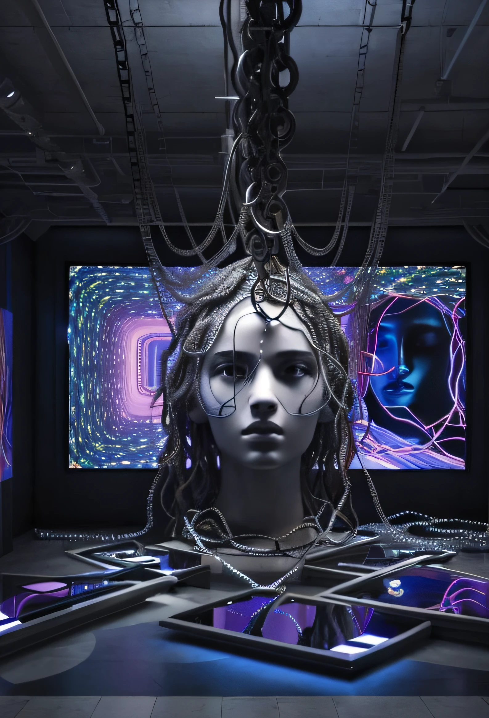 It creates a 3D image: a room surrounded by LCD screens on its walls. In the center, a human head emerges dramatically from a tangle of chains on the floor, the gaze reflecting melancholy. The head occupies much of the composition, artistically merging with the chains. Soft lighting highlights details while LCD screens project abstract colors. The scene evokes a sense of introspection, capturing the duality between technology and human emotion.