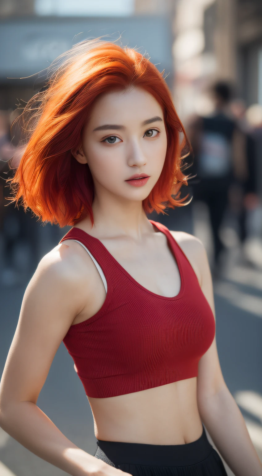 8K, Top Quality, Intricate Details, Ultra Detail, Ultra High Resolution, Masterpiece, random angle,  Slender, Smile, (Makeup: 0.4), (Fluffy Blue Eyes: 1.21), blue Eyes, looking at viewer, ((full body)), 1girl, solo, 1 girl, (( full body)), close up shot, , ((tall)), (((fit body))), (((slim face))), sharp face, sharp eyes, (((red hair, , )) , (detailed face), sharp face, small lips, fire hair  ,
 (( )), (red crop top)),  detailed face, detailed breast, , large breast, detail ass, , Beautiful girl with accentuated slender abs: 1.4, Six Pack Abs: 1.4, Bust Botox, Big, Perfect Body, detail leg, ((volcano)), fire on background