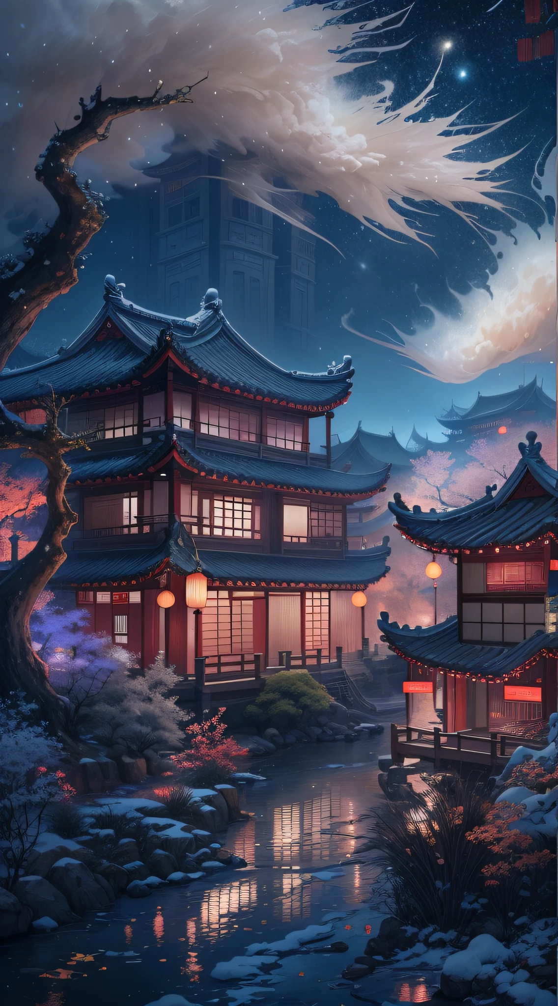 In a surreal CG rendering of ancient China,Jiangnan ancient buildings and ancient towns have Yaolin Wonderland。the night,The stars are bright,The smoke is fascinating,Maple and milk leaves are trees。snow landscape。k hd