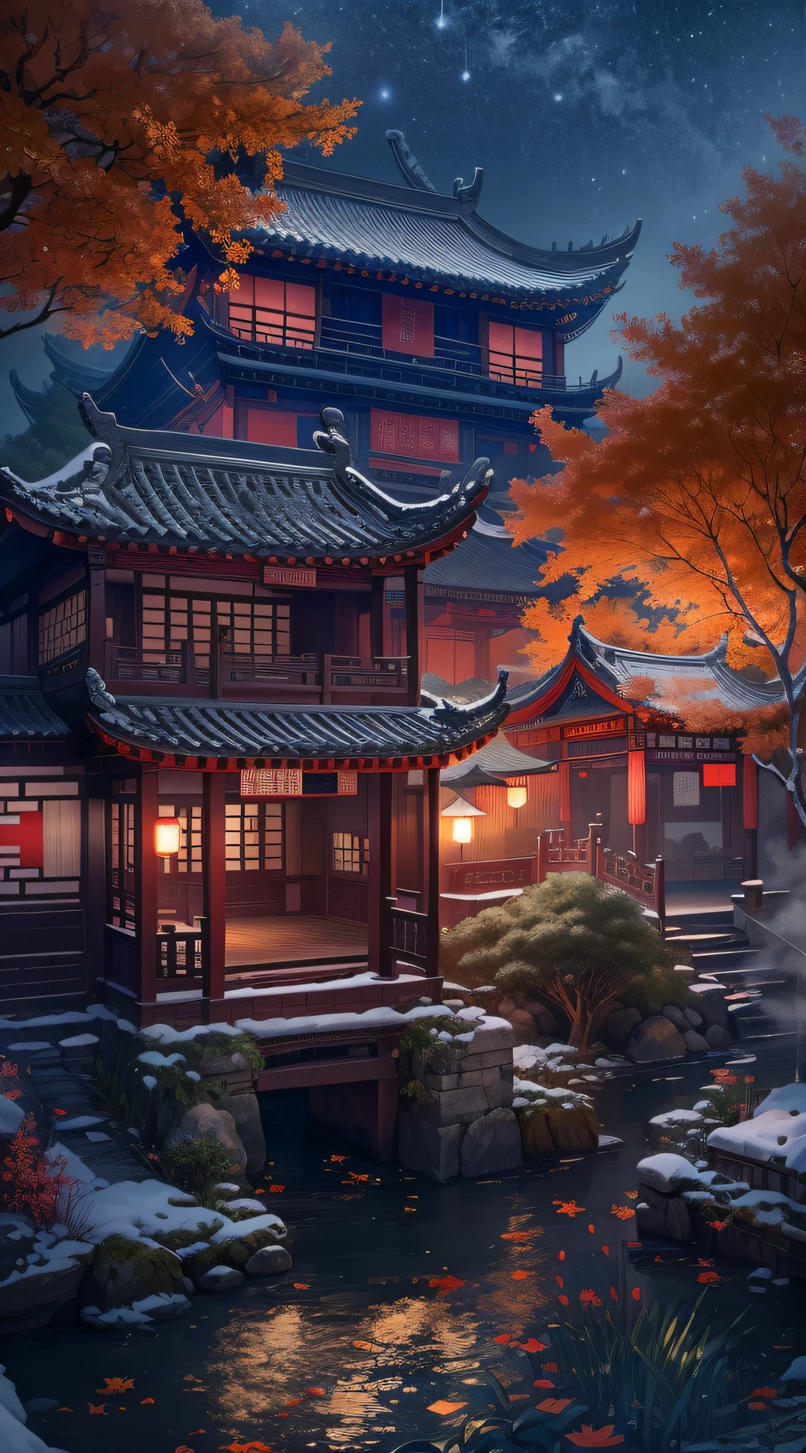 In a surreal CG rendering of ancient China，Jiangnan ancient buildings and ancient towns have Yaolin Wonderland。the night，The stars are bright，The smoke is fascinating，Maple and milk leaves are trees。snow landscape。k hd