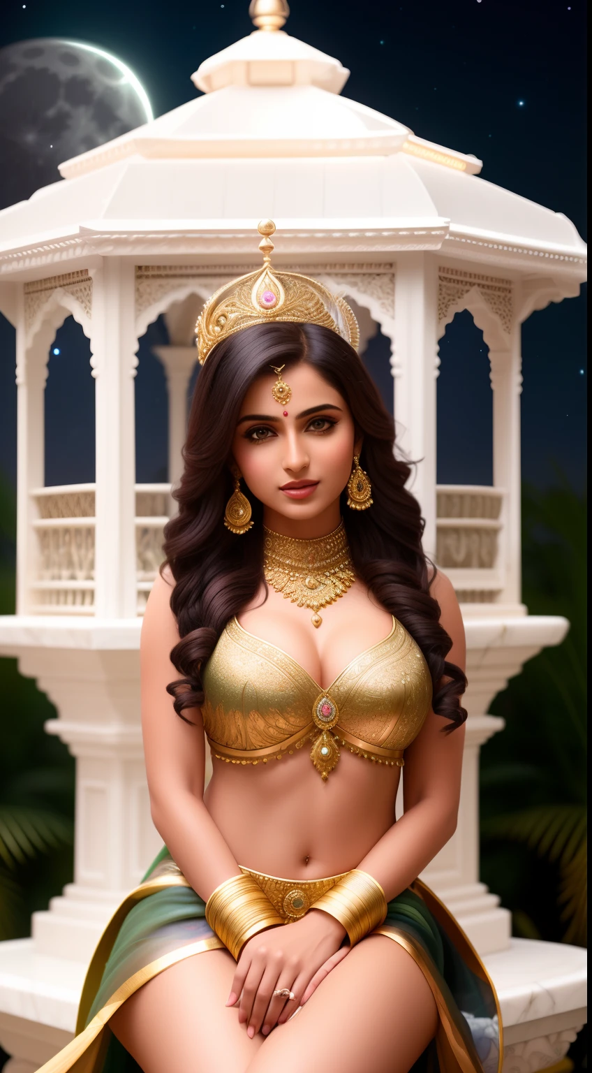 25 year old indian cute angel with feathered wings looking to the night sky, ((gorgeous face)), ((realistic)), sitting on the outer egde marble gazebo at night garden and surrounded by white litle birds flying around her, all illuminated by the moon, intricate detailed, professional lighting, high definition, 8k, studio light, beautiful face, beautiful body, beautiful angelic clothes, high res, highly detailed
