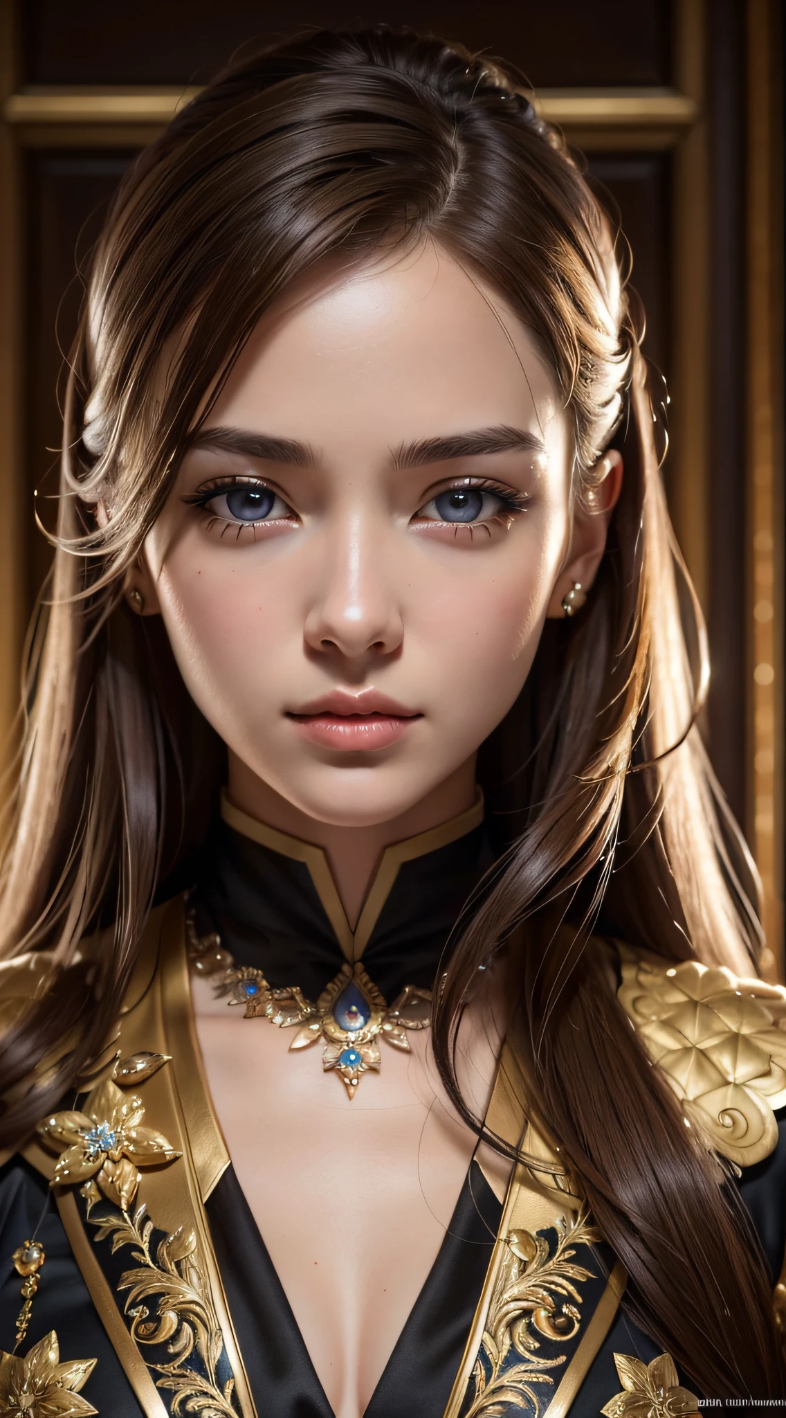 best quality, masterpiece, (realistic:1.2), 1 girl, brown hair, brown eyes, Front, detailed face, beautiful eyes, wear golden suit, best quality, masterpiece, (realistic:1.2), 1 girl, detailed face, beautiful eyes, [(Transparent background:1.5)::5], (((masterpiece))), (((best quality))),(((extremely detailed))), illustration, 1girl, solo, mysterious, multi-color eyes, detailed eyes, hyper detailed, light smile, highly detailed, beautiful, small details, ultra detailed, best quality, intricate, 4k, 8k, trending on art station, good anatomy, beautiful lighting,