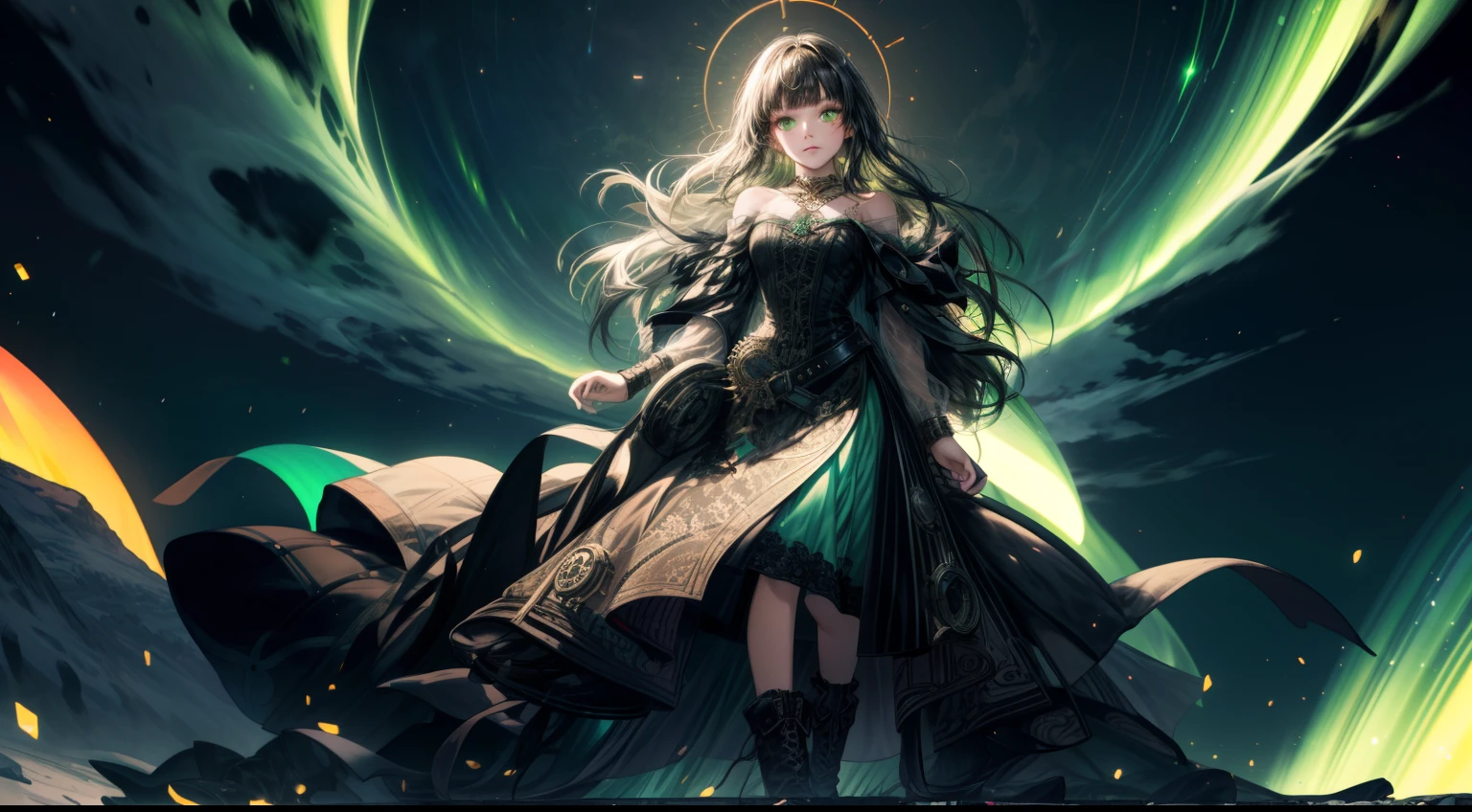 to8contrast style, Masterpiece, best quality, super high resolution, fluorescent color,
1 girl, looking at the viewer, beautiful face, beautiful eyes, green eyes, black long hair, blunt bangs (bare shoulder: 1.2), head up, full body, shiny hair with bioluminescent strands, shiny skin, glowing cut, hands not shown: 1.5, dress made of aurora borealis, particles, cosmic goddess, steampunk boots, highly detailed, intricate design