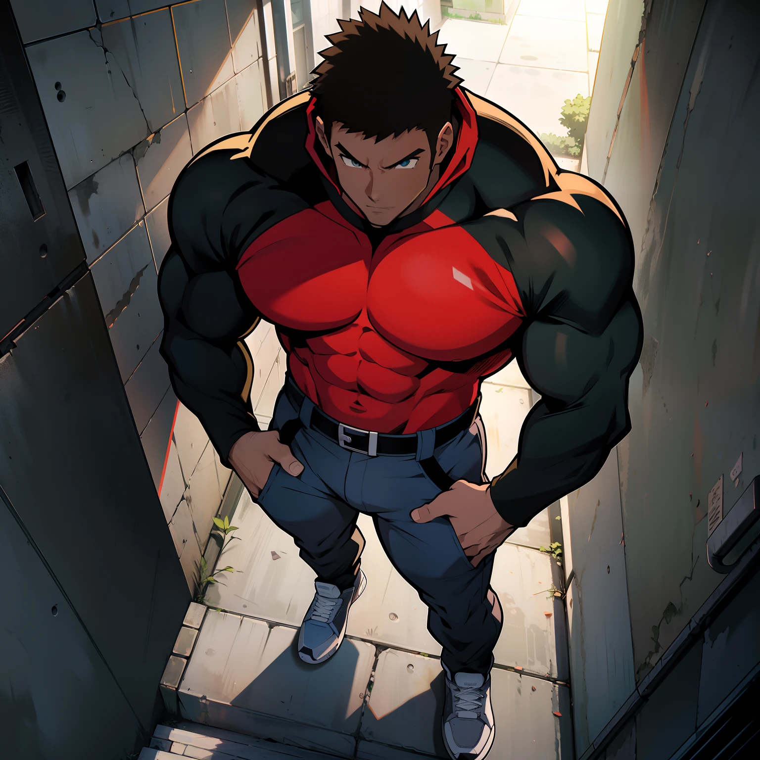 ((arte estilo anime)), imagem superior, angulo de cima para baixo, personagem masculino extremamente musculoso, corpo de bodybuilder, wearing a long-sleeved blouse with hood covering the head, Character is leaning against a wall with his hands in his pockets, Scenery of the Urban Center, rua movimentada, constructions, pessoas e veiculos. Personagem protagonista de anime, imagem bonita, disco Rigido, 4k, Protagonist character leaning against a wall with his hands in his pockets, (((imagem angulo superior)))