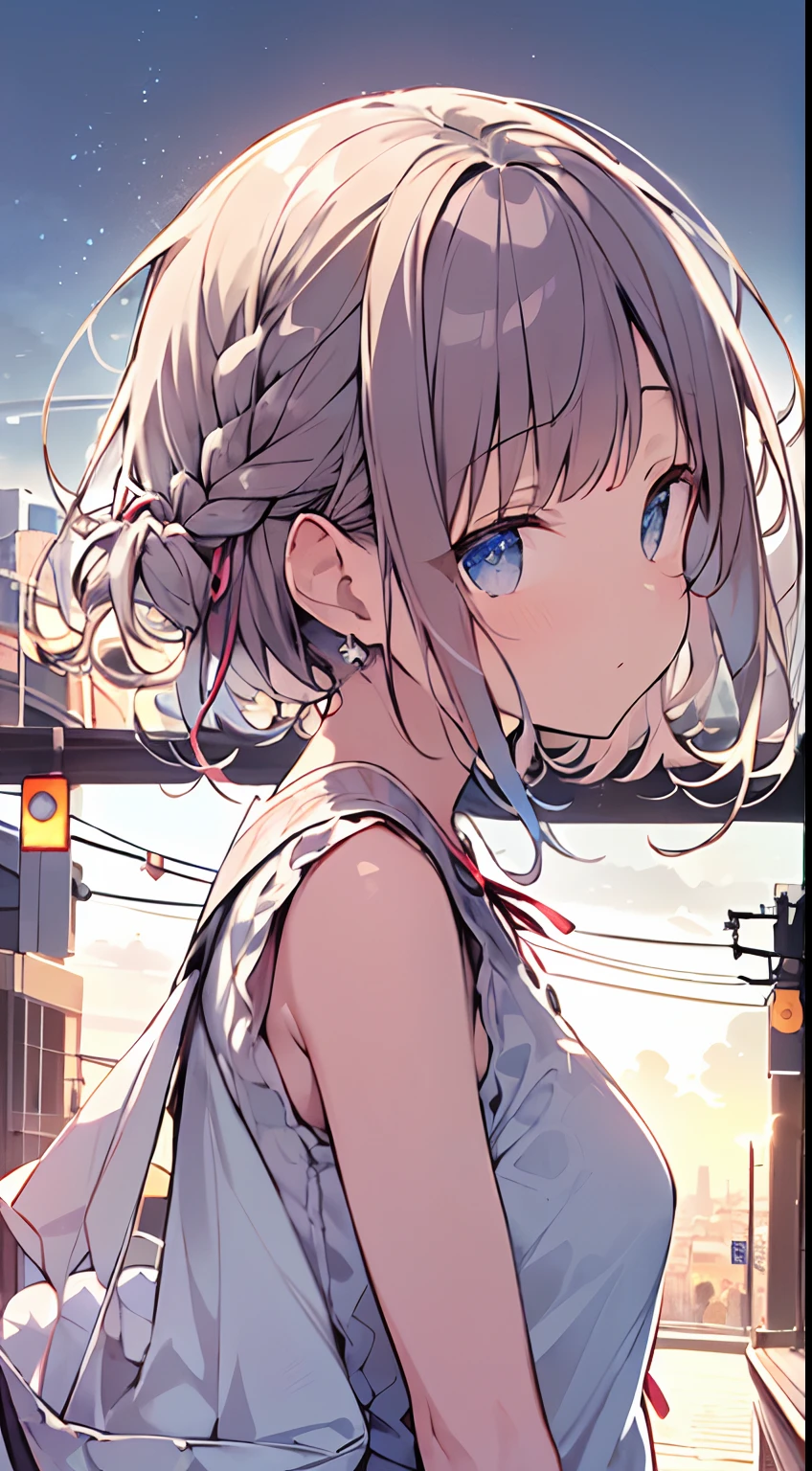 masutepiece, Best Quality,Illustration, Wallpaper, Ultra Detail, absurderes, 1loli, Solo, (Medium short hair、short braided hair), Beautiful detailed eyes , (Street), luminous sky,(a panoramic view:1.3),(Sense of depth:1.5),(longshot:1.3)