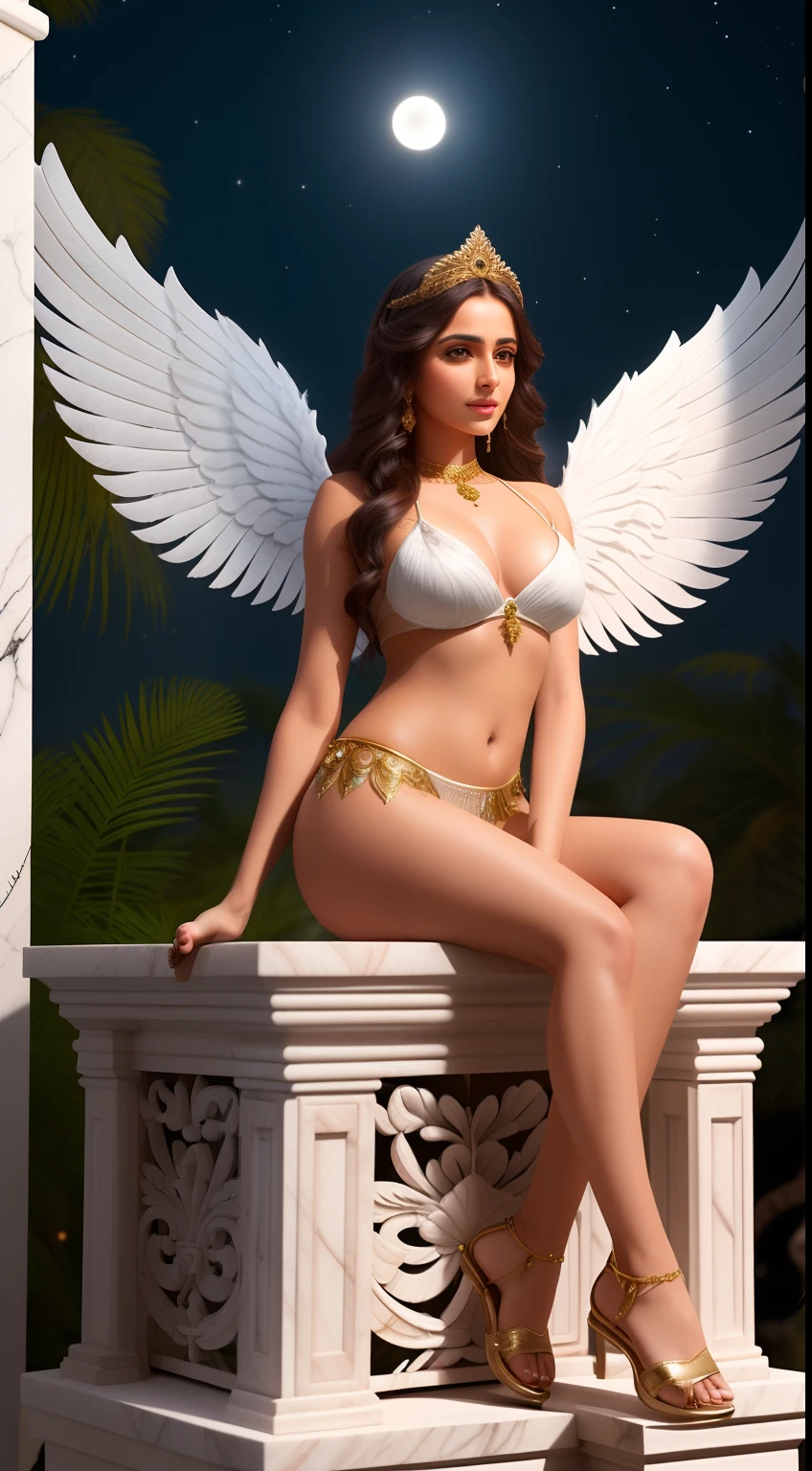 25 year old indian cute angel with feathered wings looking to the night sky, ((gorgeous face)), ((realistic)), sitting on the outer egde marble gazebo at night garden and surrounded by white litle birds flying around her, all illuminated by the moon, intricate detailed, professional lighting, high definition, 8k, studio light, beautiful face, beautiful body, super sexy, high res, highly detailed