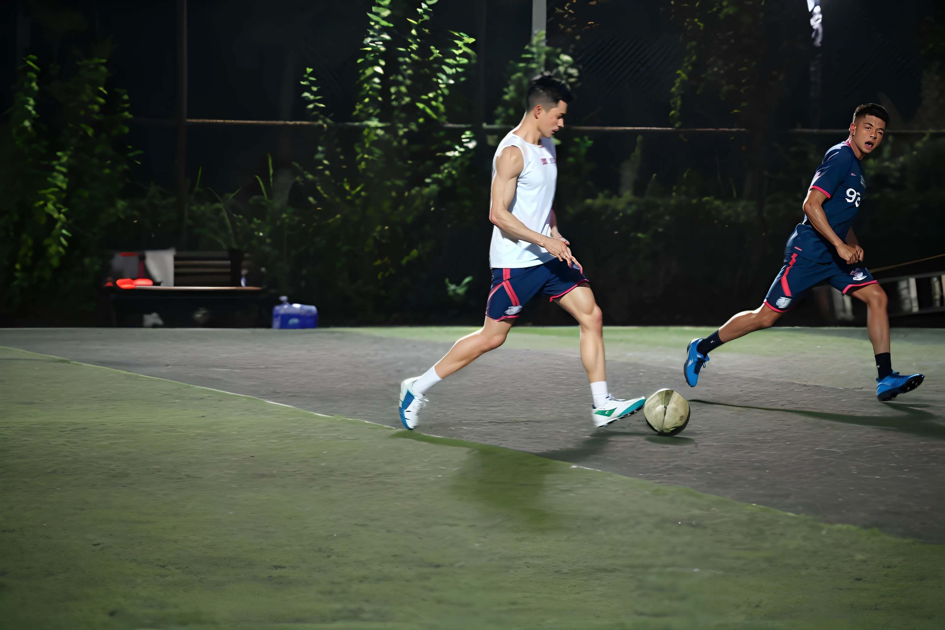 There are two men playing football on the pitch at night, taken with canon 8 0 d, dribbble, play soccer, action shot, taken with canon eos 5 d, Shot on Canon EOS R 6, taken with a canon eos 5d, taken with a canon eos 5 d, taken with canon eos 5 d mark iv, on a football field