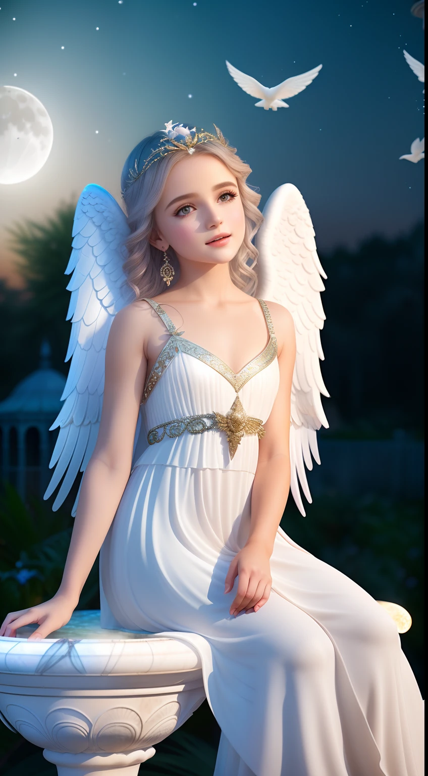little cute angel with feathered wings looking to the night sky, ((gorgeous face)), ((realistic)), sitting on the outer egde marble gazebo at night garden and surrounded by white litle birds flying around her, all illuminated by the moon, intricate detailed, professional lighting, high definition, 8k, studio light