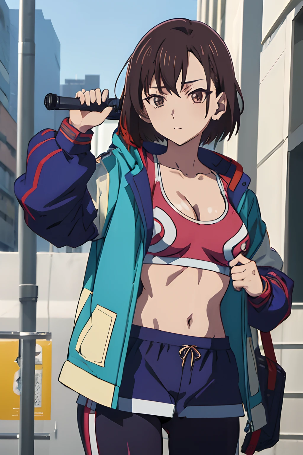 (((masterpiece))), ShizukaMikazuki, 1girl, solo, looking at viewer, short hair, brown hair, long sleeves, cleavage, medium breasts, closed mouth, collarbone, jacket, open clothes, open jacket, blue jacket, ground vehicle, sports bra, bicycle,