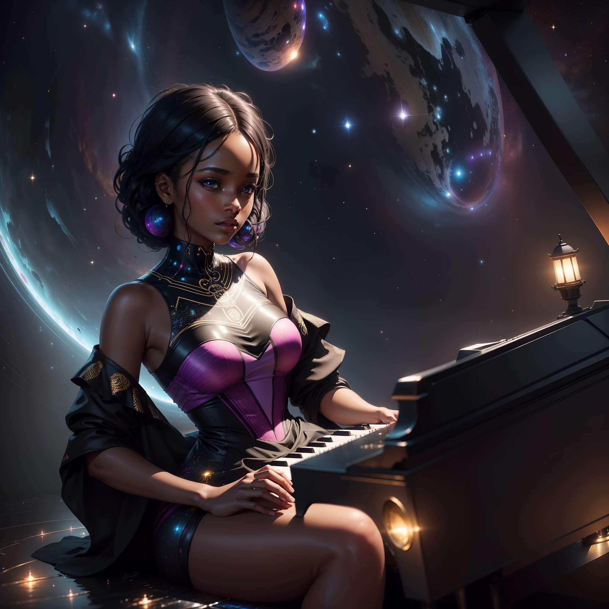Beautiful black girl wearing African designed dress playing a piano on a floating wet surface in outer space, with iridescent light, highly detailed images, vibrant beautiful colours, photorealistic image, 8k, ultra HD, unreal engine rendered, cinematic lighting, artgerm style,