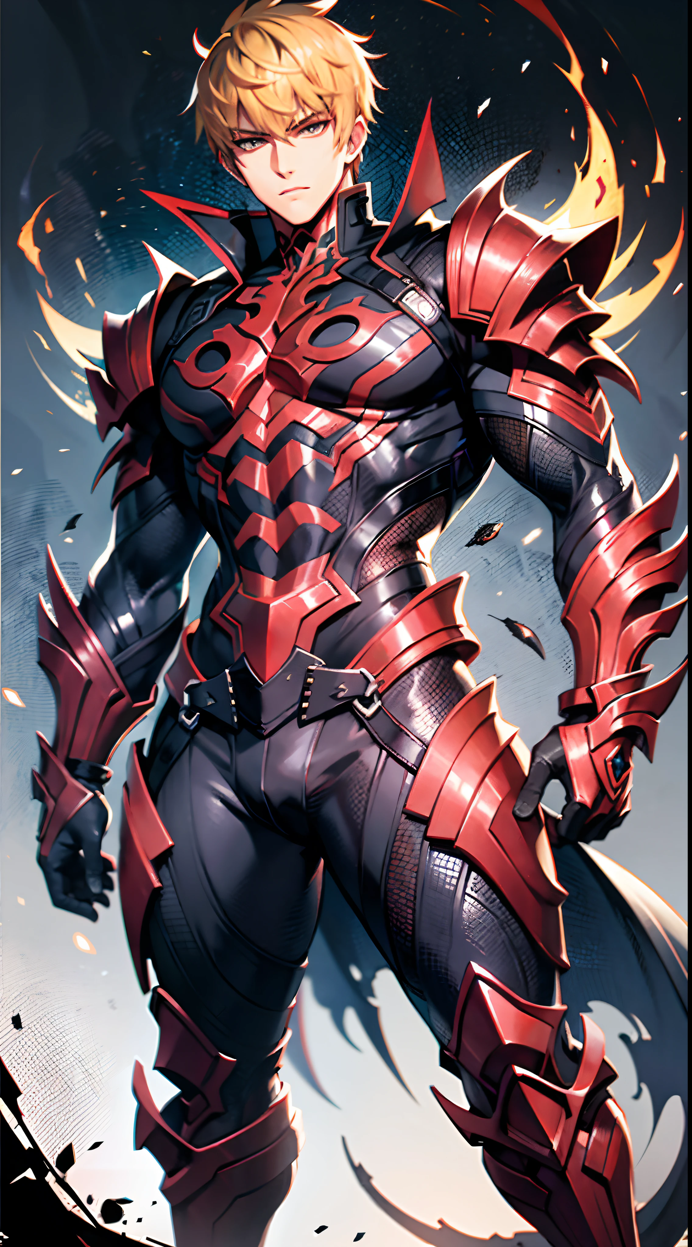 Full body scene Genos handsome man handsome face blond hair, black fire reflective body, red eyes, alduin, darksiders style, darksiders art style, crazy guts, red sharp eyes, black alcalagon.