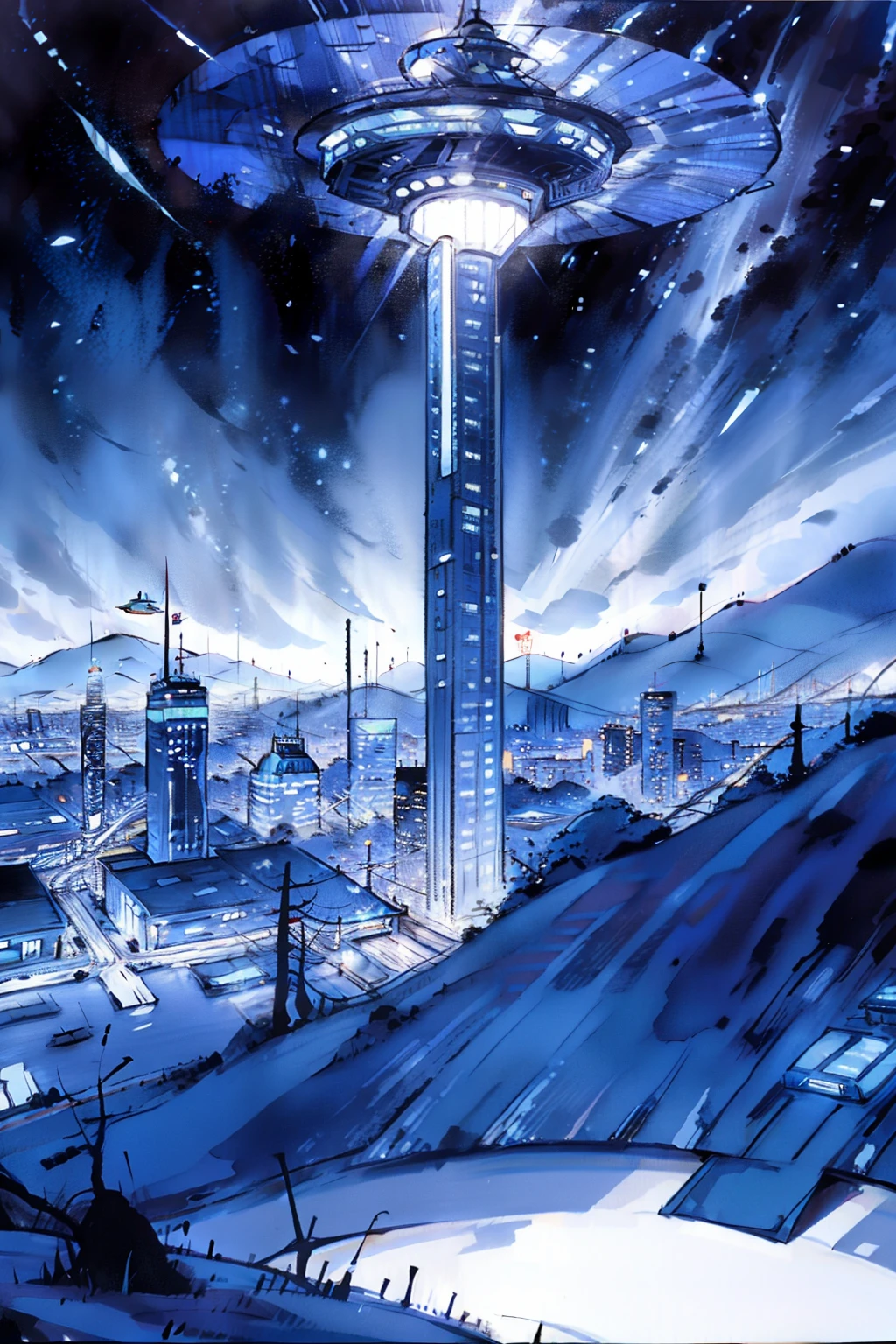 UFO flying over a 1990s urban landscape