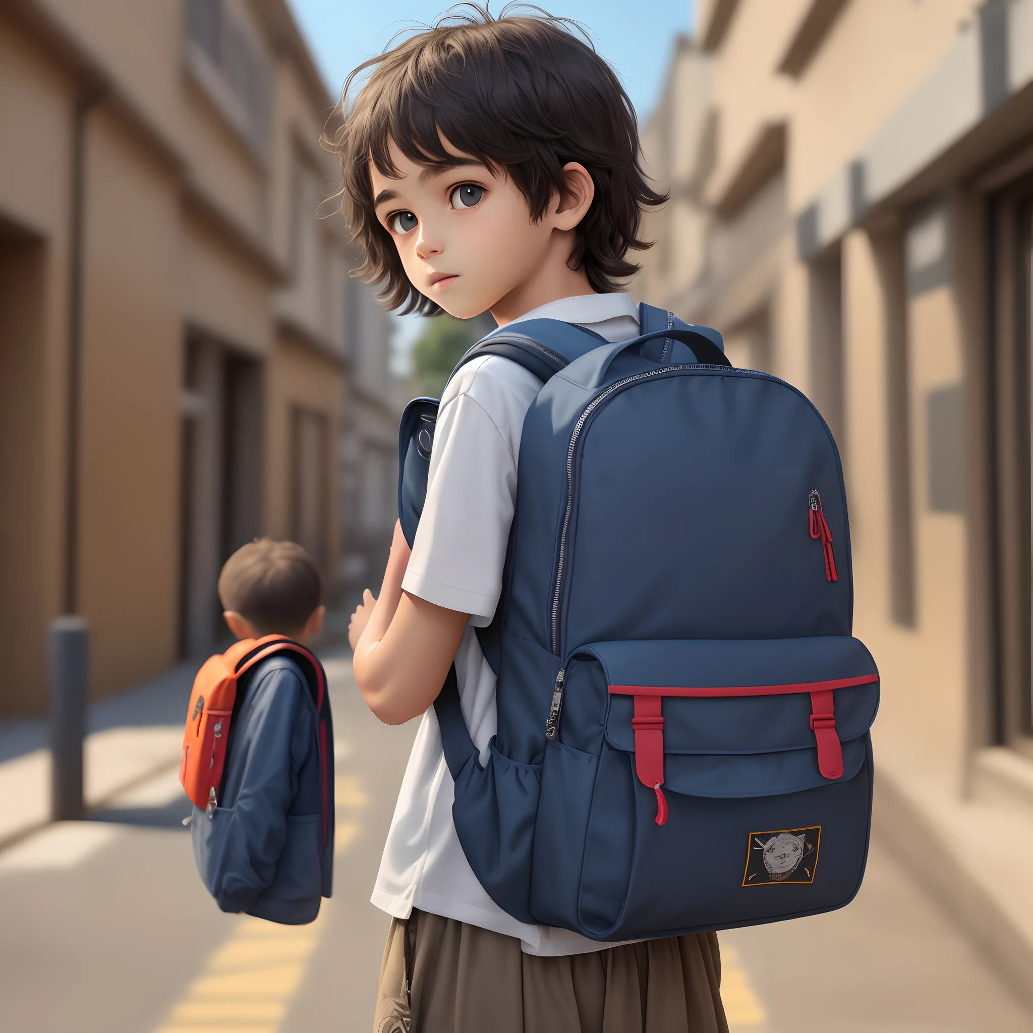 Ultra realista , olhando pro viewer, mochila nas costas, facing the camera, usando farda da escola, escola de fundo, highes definition