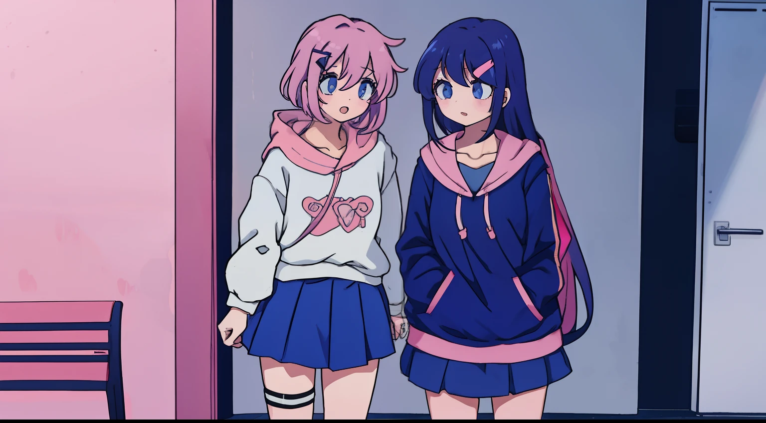 2 anime girls, 1 anime girl with long navy blue hair, blue skirt, talking to a 2 anime girl with short pink hair pink hoodie choker hairclip