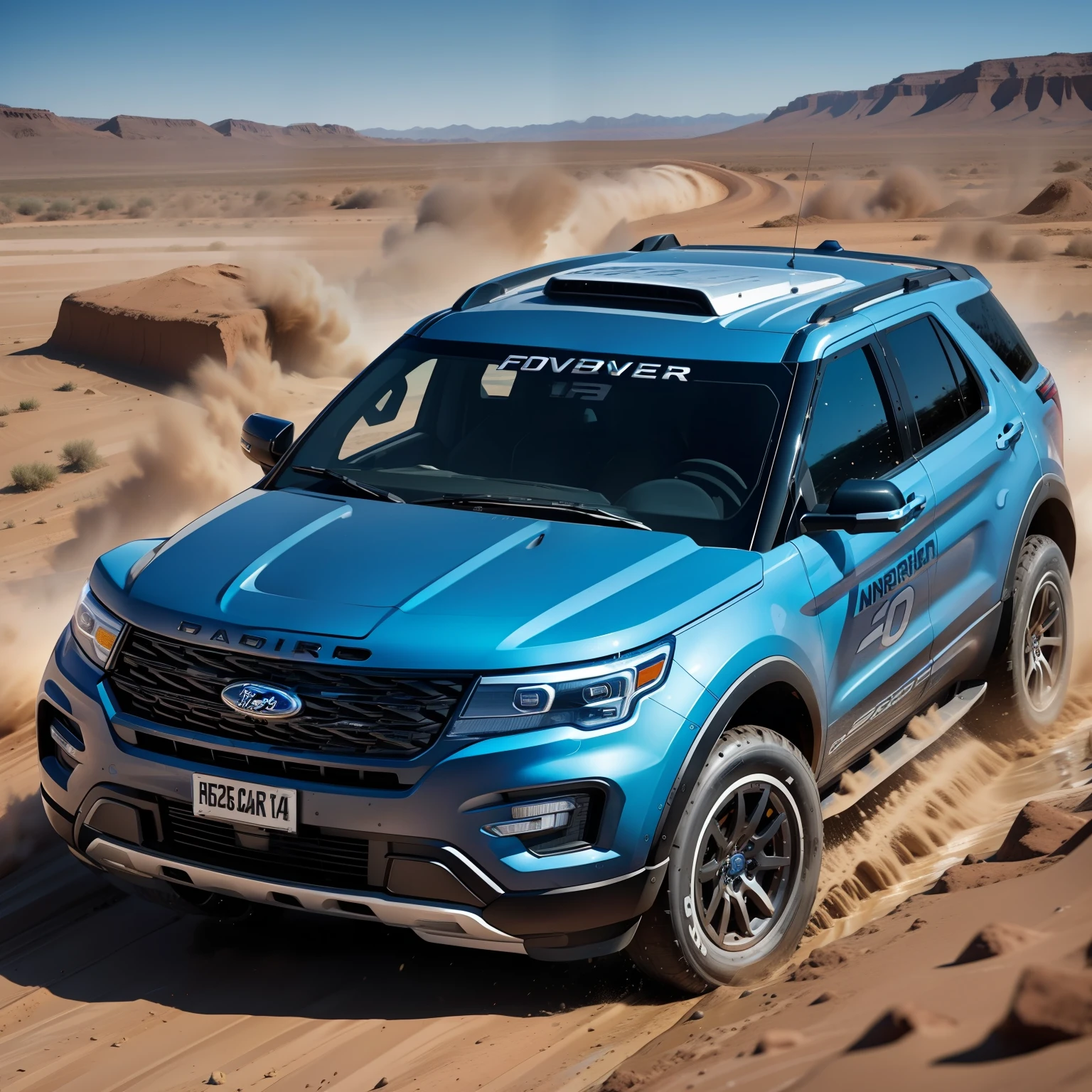 "Ford Explorer Rally configuration, Intense action, adrenalinefilled, Mud splashes, High-speed stimulation, Rally cars fly in the dirt, Powerful engine roar, Precise operation, Dynamic angles, dust cloud, Sharp, A race against time."