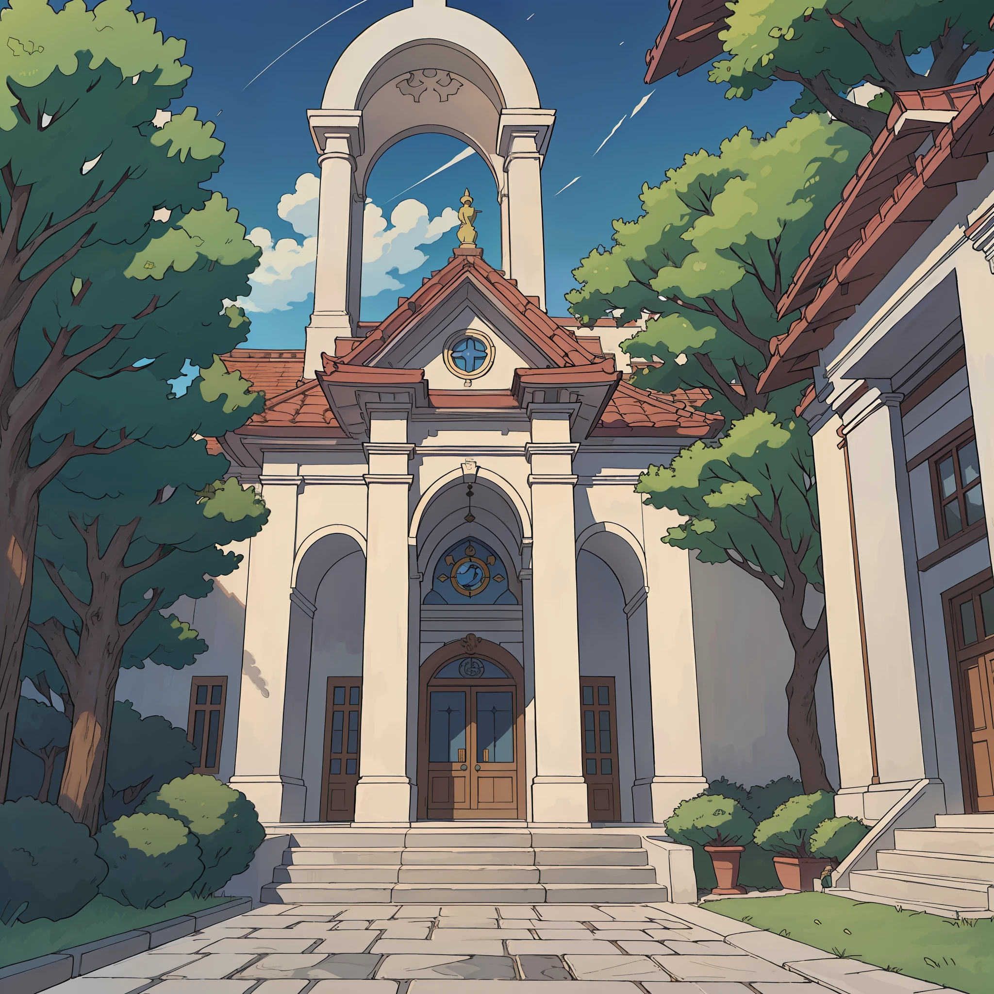 "Crie uma bela cena de anime que retrate a entrada de uma escola encantadora. The path leads to a majestic gate, cercado por grades ornamentadas. Arbustos adornam o topo das grades, criando uma atmosfera serena. The school's architecture displays evenly distributed windows, adding a touch of elegance to the complex. Detalhes minuciosos destacam a beleza dessa cena, Capturing the magical essence of education., Fiel a Rhaposodia