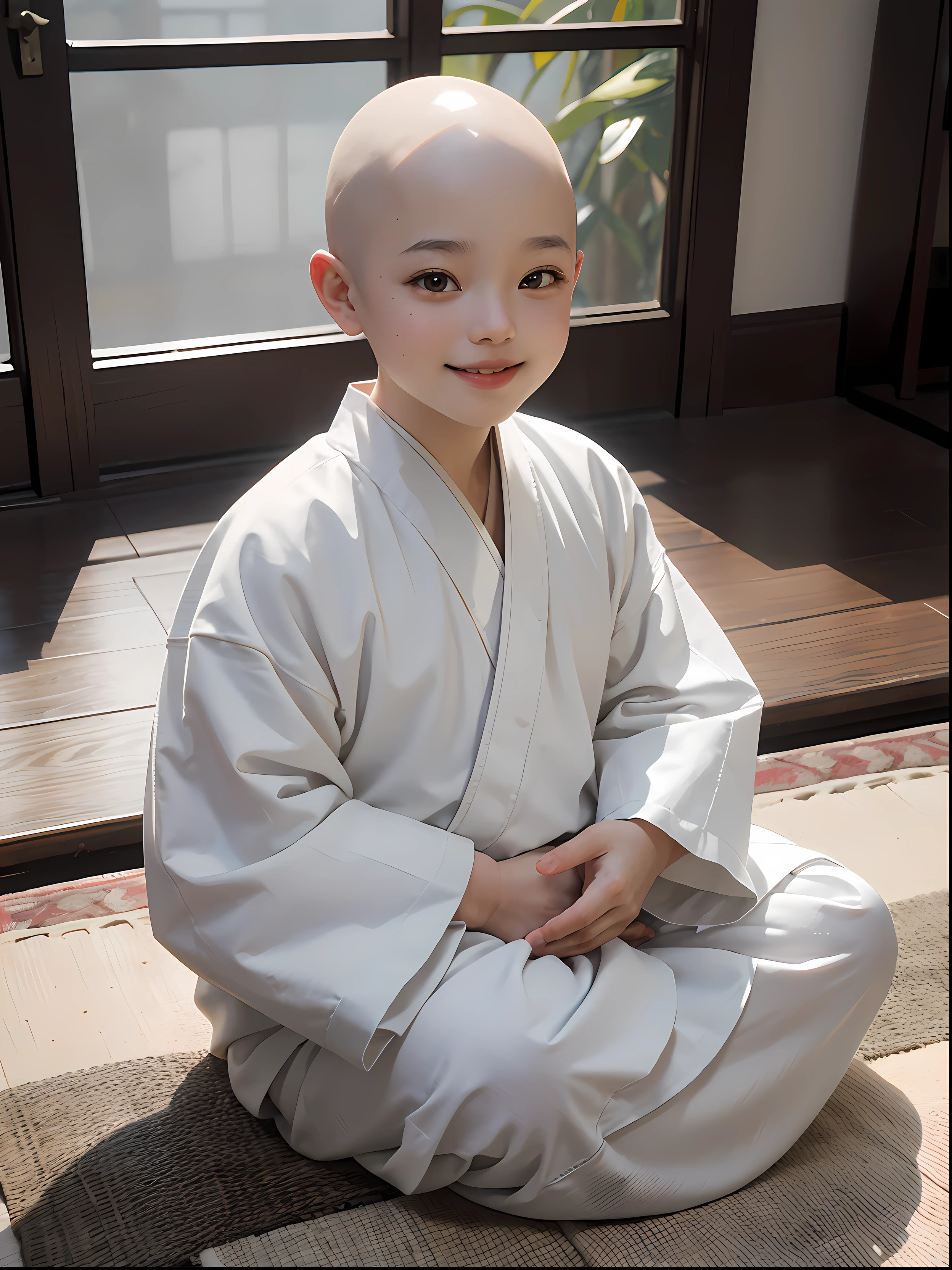 A 3-year-old bald monk，Libido boy，Wearing a white monk's robe，Chubby little face，Big round eyes，A  High Bridge of nose，With a smile，had his hands folded，Sit cross-legged。Lotus pattern on background。k hd