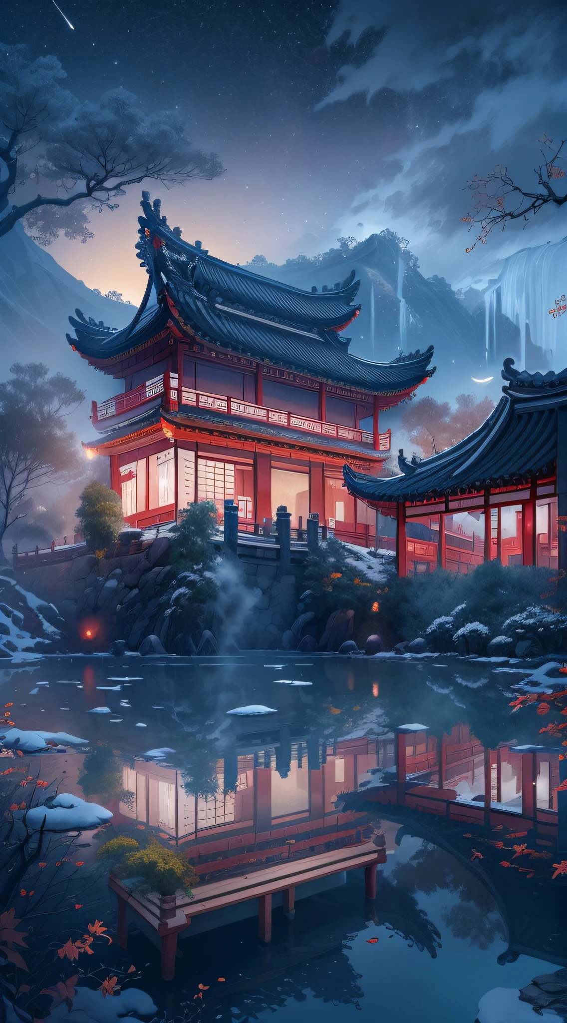 In a surreal CG rendering of ancient China，Jiangnan ancient buildings and ancient towns have Yaolin Wonderland。the night，The stars are bright，The smoke is fascinating，Maple and milk leaves are trees。snow landscape。k hd