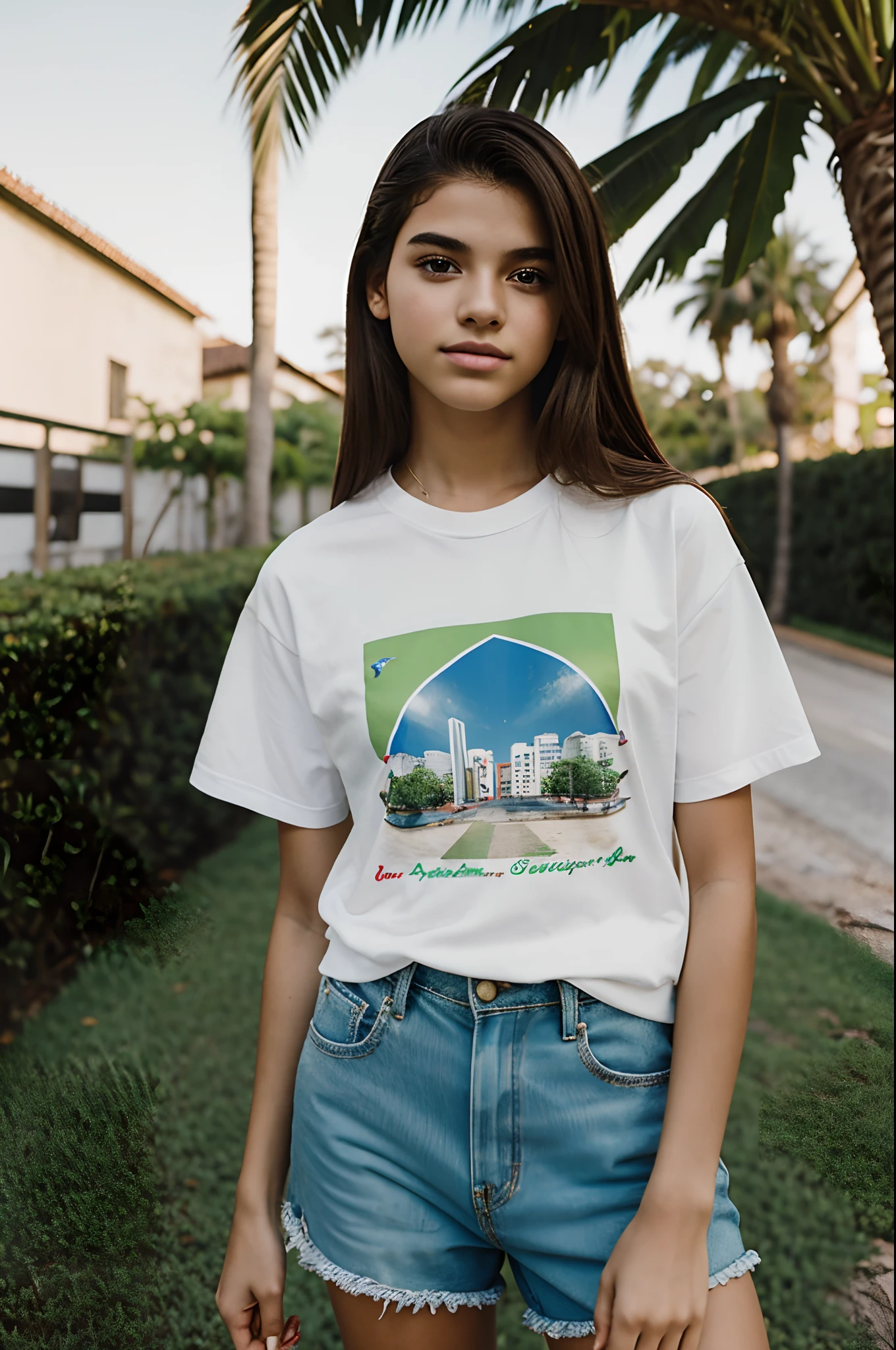 Retrato de fotografia de filme de um adolescente ocidental de 14 anos, hiper-realista, sunny lighting, filmado no Kodak Portra 200, Clima alegre, vestindo camiseta lisa preta de gola redonda com short branco, Estilo de maquete do modelo, Estilo de modelo de moda adolescente, Adolescente do Brasil