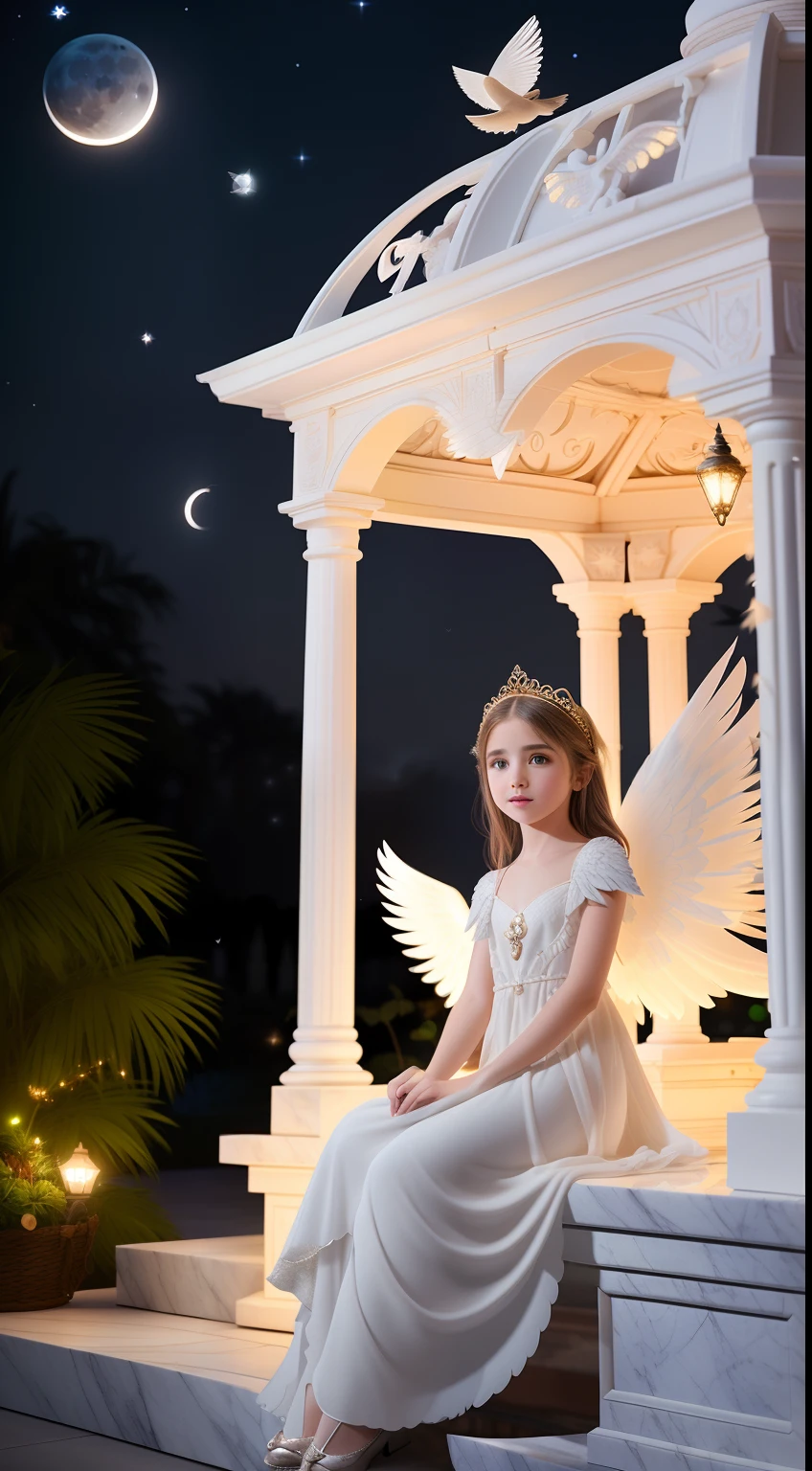 little cute angel with feathered wings looking to the night sky, ((gorgeous face)), ((realistic)), sitting on the outer egde marble gazebo at night garden and surrounded by white litle birds flying around her, all illuminated by the moon, intricate detailed, professional lighting, high definition, 8k, studio light