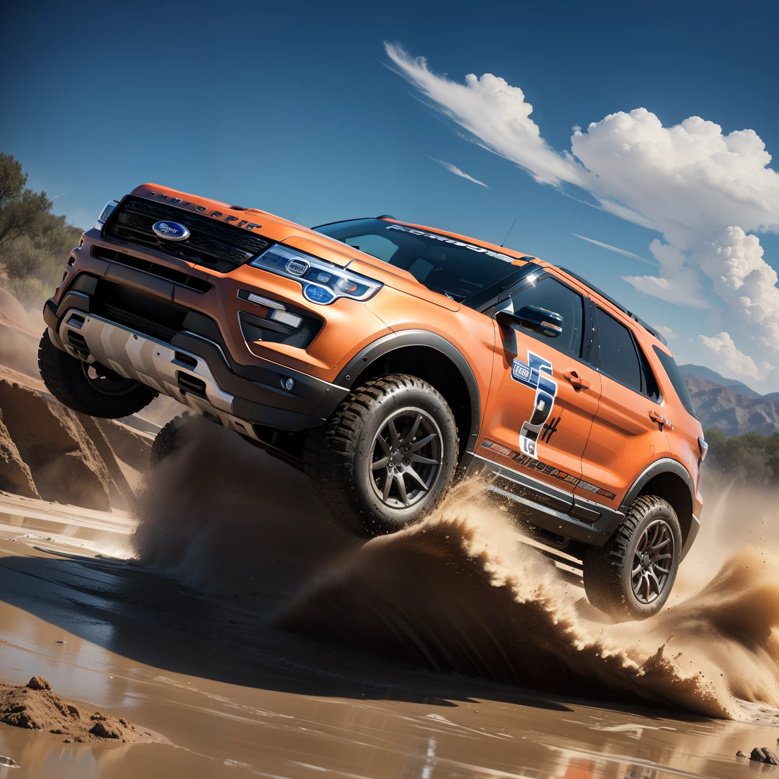 "Ford Explorer Rally configuration, Intense action, adrenalinefilled, Mud splashes, High-speed stimulation, Rally cars fly in the dirt, Powerful engine roar, Precise operation, Dynamic angles, dust cloud, Sharp, A race against time."