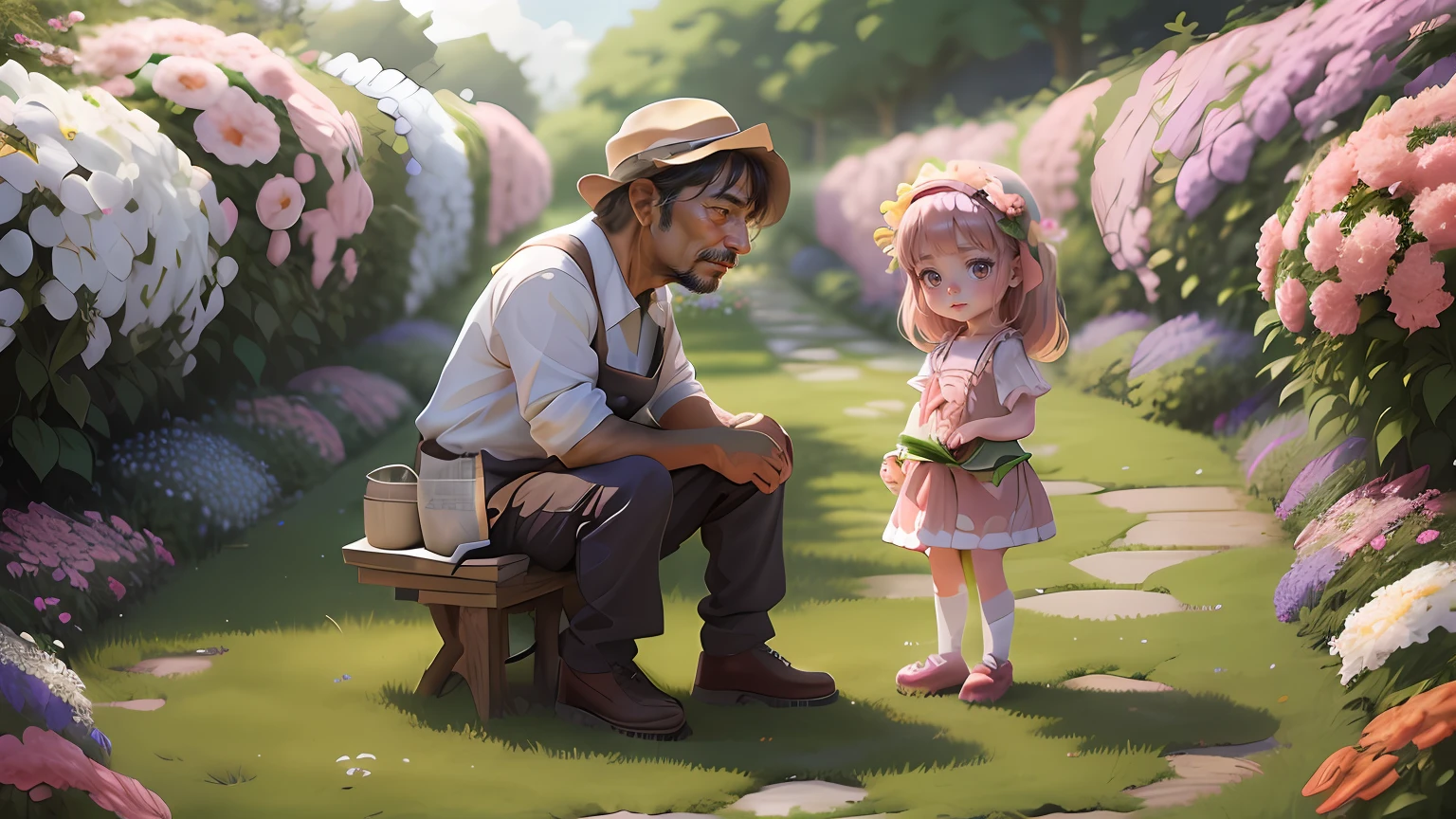 Anime picture of a middle-aged gardener talking to a cute  girl among flowers, large garden with very beautiful flowers of various kinds around them, numerous flowers, large garden crowded with flowers, many many flowers, various flowers of varying colours and sizes, flowers background, sea of flowers, flower bed, big flowers, small flowers, colourful, plenty flowers