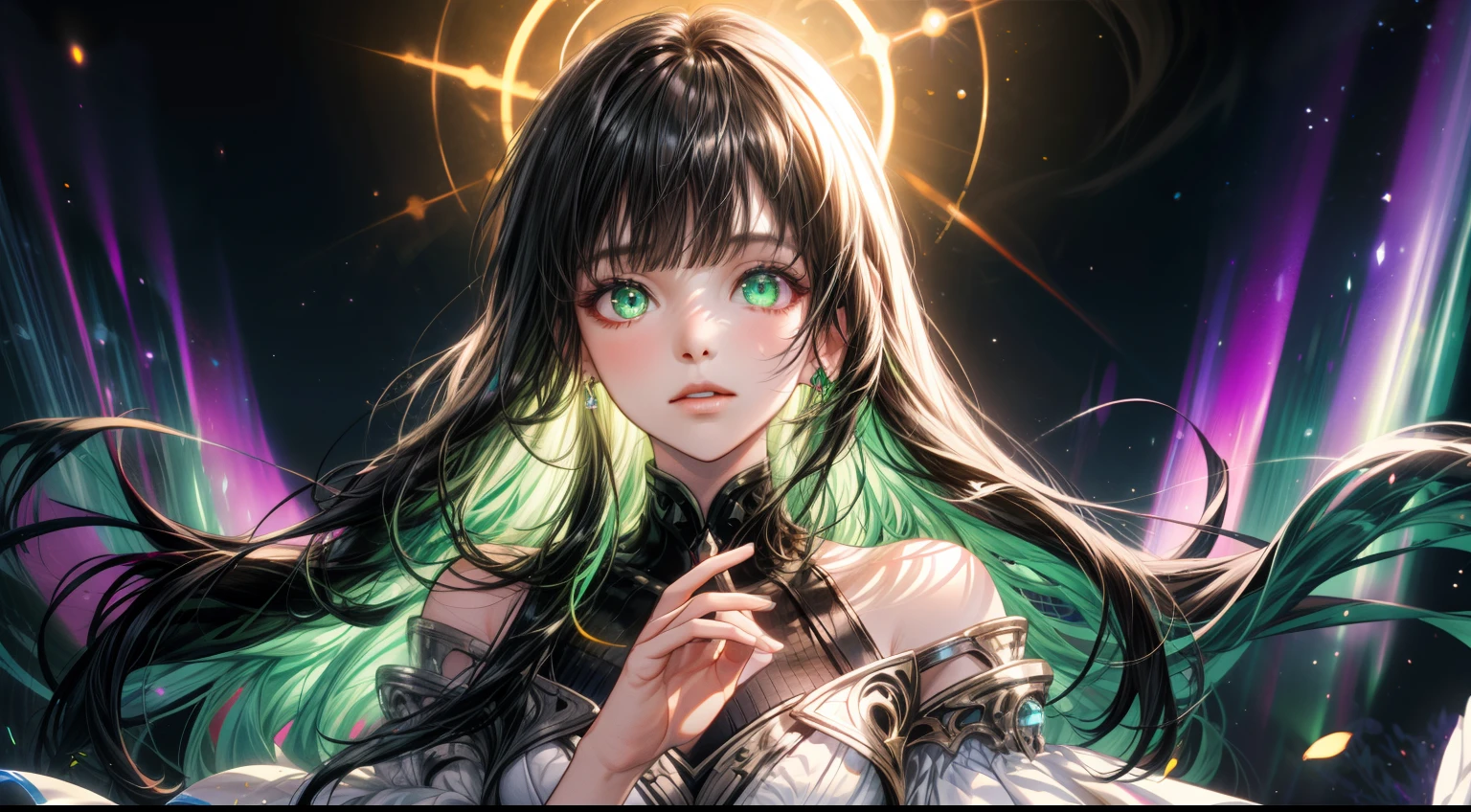 to8contrast style, Masterpiece, best quality, super high resolution, fluorescent color,
1 girl, looking at the viewer, beautiful face, beautiful eyes, green eyes, black long hair, blunt bangs (bare shoulder: 1.2), head up, upper body, shiny hair with bioluminescent strands, shiny skin, glowing cut, hands not shown: 1.5, dress made of aurora borealis, particles, cosmic goddess