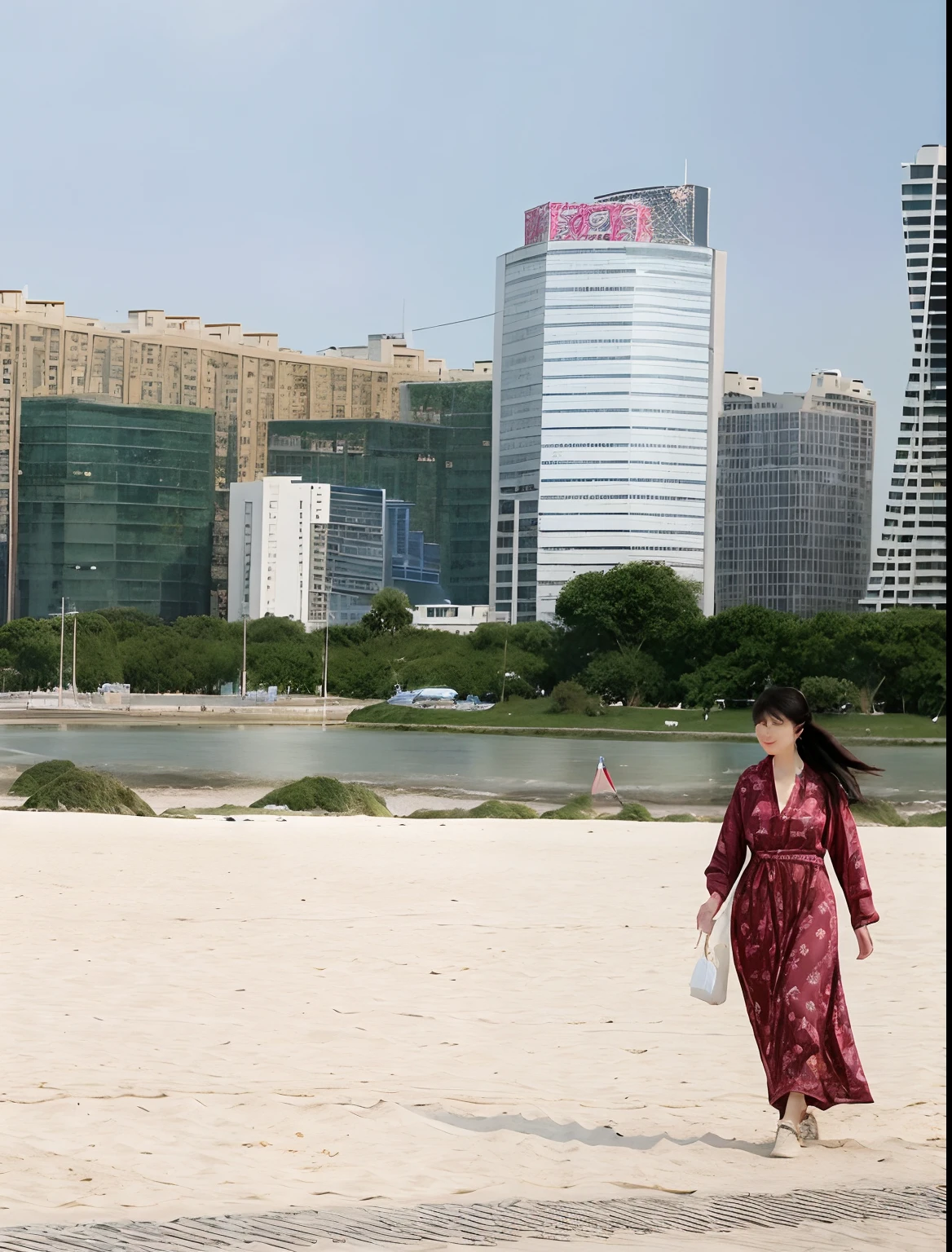 There was a woman walking on the beach with a kite, in a beachfront environment, with the city as the background, In the middle of the city, Skyscrapers in the background, with shiny glass buildings, baotou china, 3 0 years old woman, 30 year-old woman, in an eco city, wandering in the city, In the city