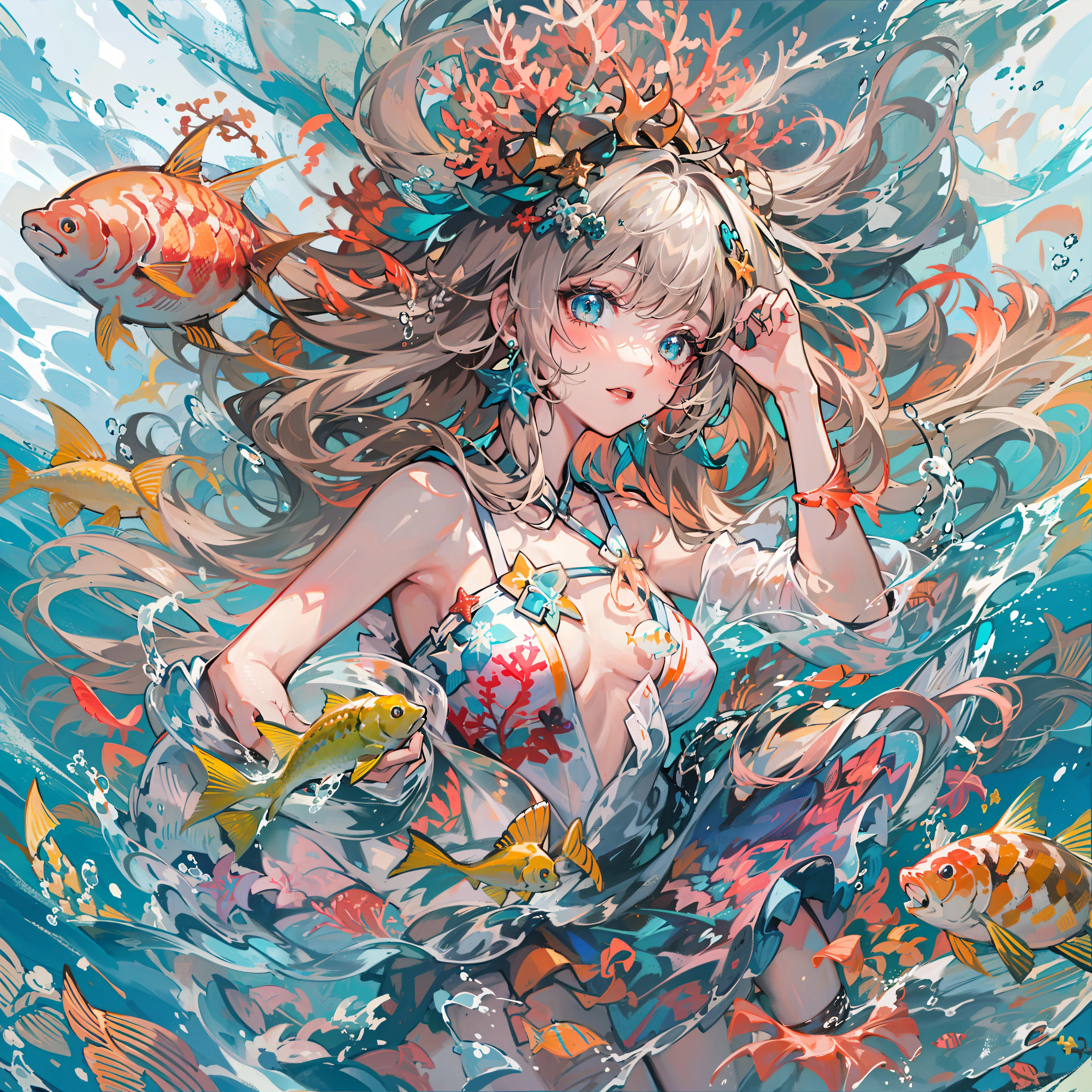 Sea Girl、(In the sea)、((Hyper-Detailed Water))、((Detailed sea level))、(Small fish)、(Swimsuit)、(Super Detail)、(colorful coral reef)