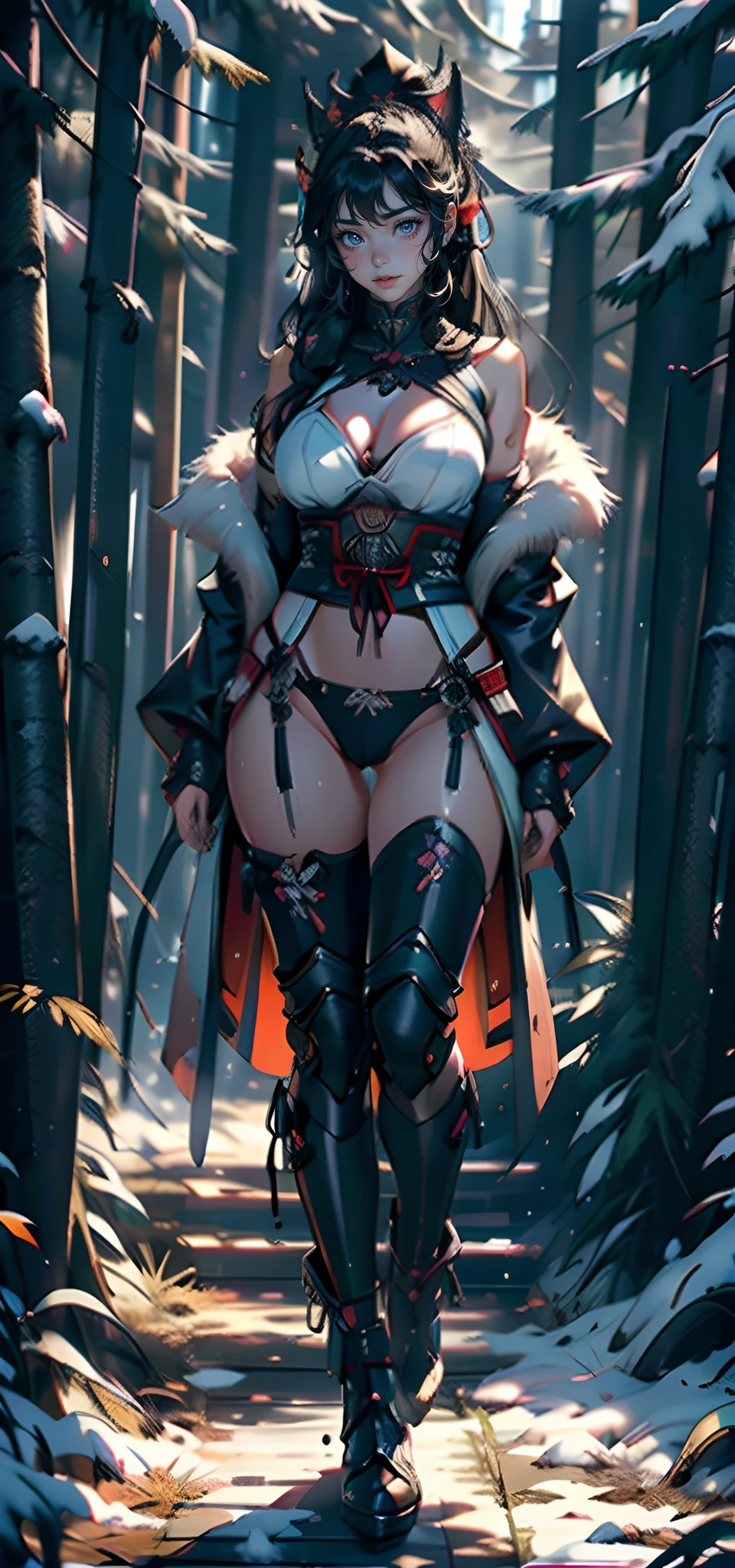 1female,25 age old,Large breasts,Pornographic exposure, 独奏,(Background with:ports,coniferous forest,at winter season,Snow on the ground) with his long black hair, 比基尼,standing on your feet,Sweat profusely,drenched all over the body,seen from the front, curlies, mostly cloudy sky,(((tmasterpiece),(Very detailed CG unity 8K wallpaper),best qualtiy,cinmatic lighting,detailed back ground,beatiful detailed eyes,Bright pupils,(Very fine and beautiful),(Beautiful and detailed eye description),ultra - detailed,tmasterpiece,)),facing at camera,A high resolution,ultra - detailed),revealing breasts,Bare genitalia, Bulge,Camel toes,Raised sexy,Flushed complexion,Open-mouthed,frontage,Samurai of Japan,down jacket,Fur collar,cyber punk perssonage