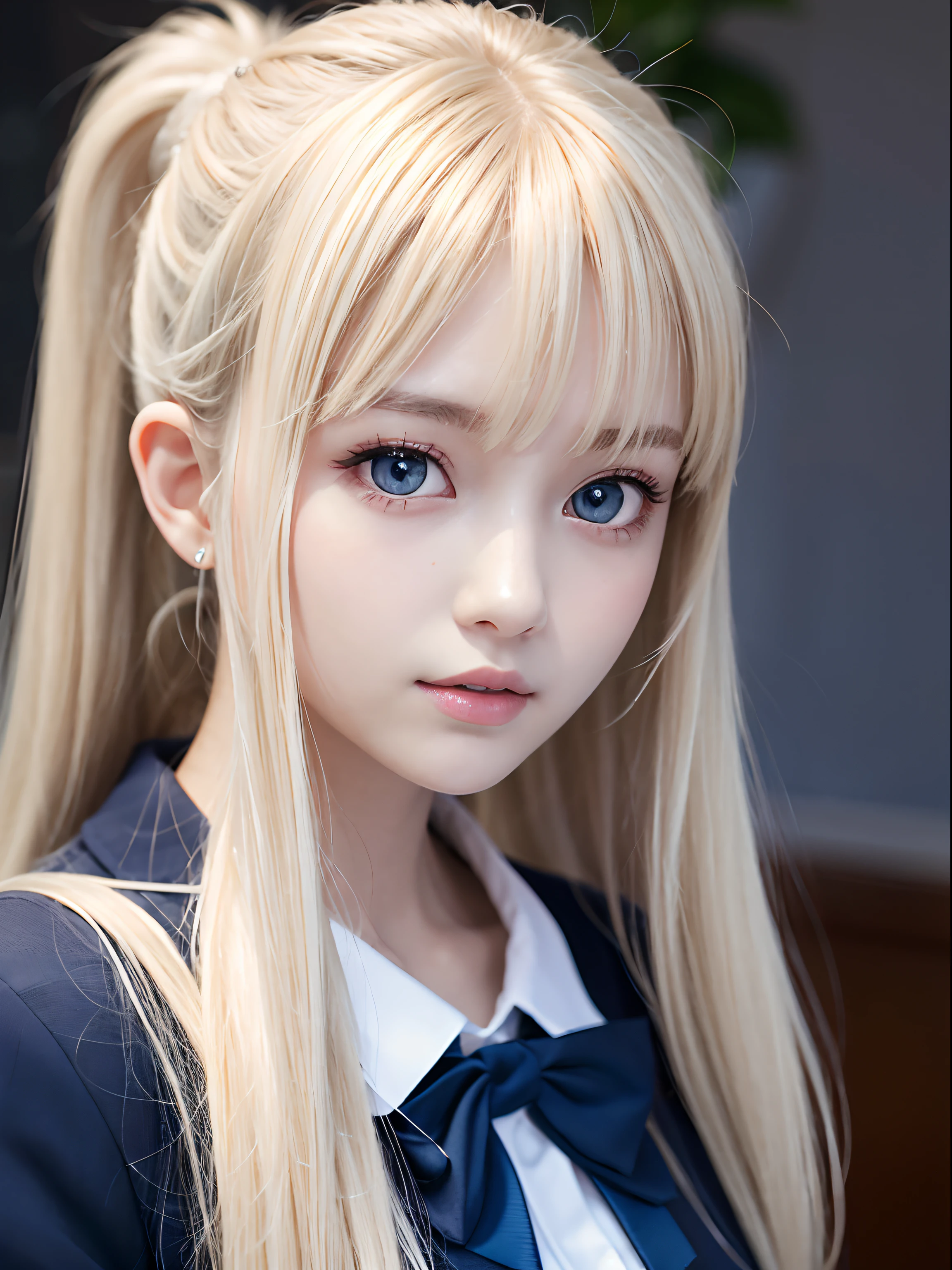 portlate、School Uniforms、bright expression、poneyTail、Young shiny shiny white shiny skin、Best Looks、Blonde reflected light、Platinum blonde hair with dazzling highlights、shiny light hair,、Super long silky straight hair、Beautiful bangs that shine、Glowing crystal clear attractive big blue eyes、Very beautiful nice cute 16 year old girl、Lush bust