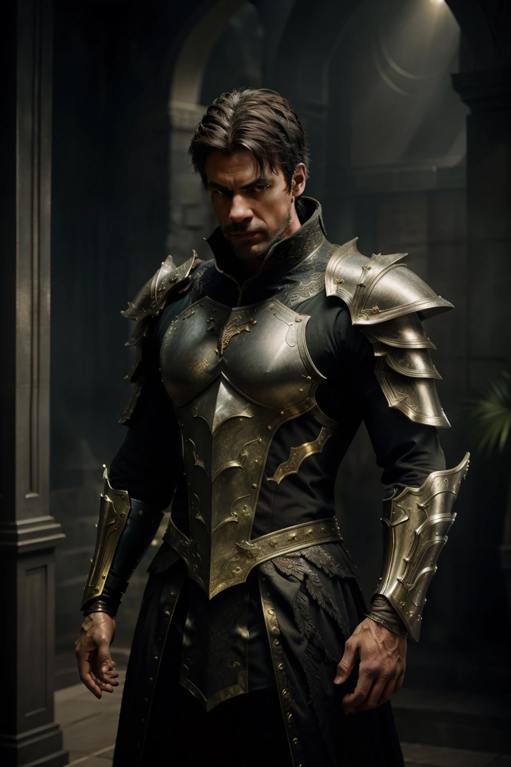"Man with a commanding presence, clad in intricately detailed dragon armor. The armor is predominantly gray, accentuated with rich green and gold embellishments. The scene is lit with moody, dark lighting, emphasizing hyper-realistic shadows that play across the texture of the armor. The armor itself gleams, reflecting faint sources of light and exuding a subtle glow. Aim for a masterpiece level of detail and realism."