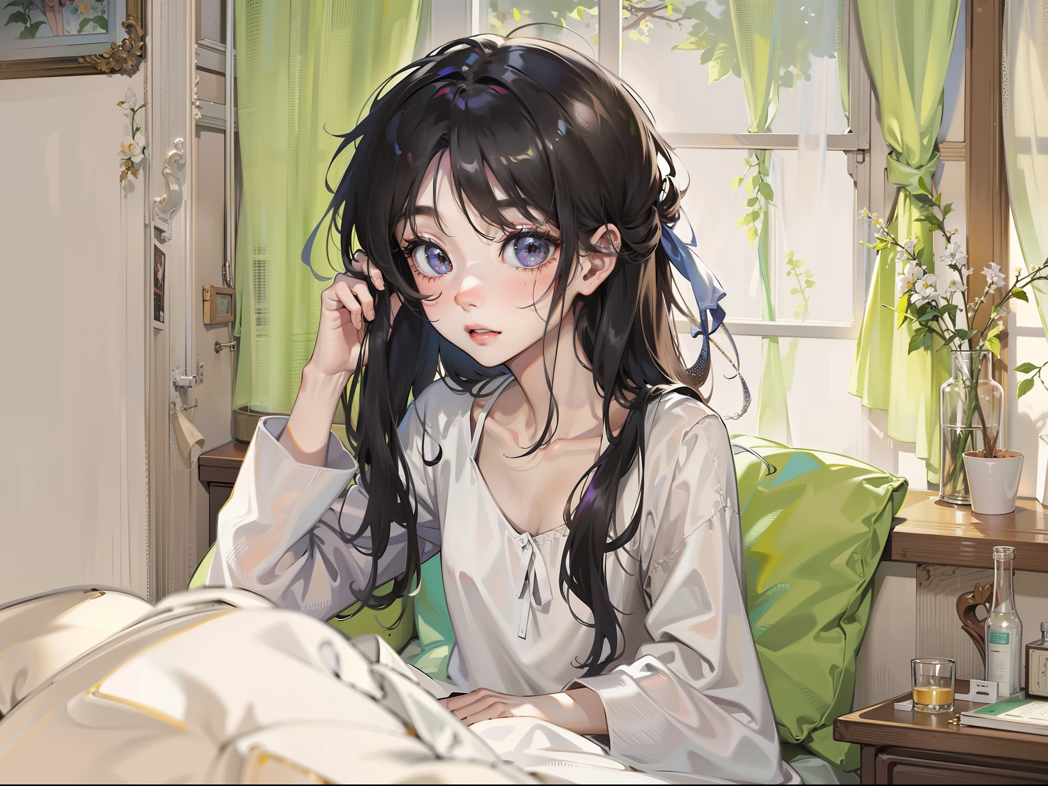 the girl with black hair,Thin stature,hair messy,Long hair,Small face,emaciated,Lying on the bed in the bedroom playing with your phone,White loose short sleeves,Bare legged,without wearing shoes,scruffy,with hair dishevelled,Various anime beauty figures are placed in the room,Close the curtains,The lighting is dim,The face is gloomy,Three no girls,Lovely room interior and bed,emaciated,Poor milk,The chest is extremely small