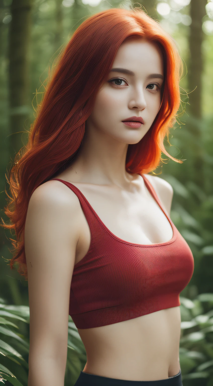 ((Realistic lighting, Best quality, 8K, Masterpiece:1.3)), Focus:1.2, 1girl, Perfect Figure:1.4, Slim Abs:1.1, ((red Hair)), (Crop Top: 1.4), (Outdoor, forest: 1.1), forest, Super Fine Face, Fine Eyes, Double Eyelids, wavy hair