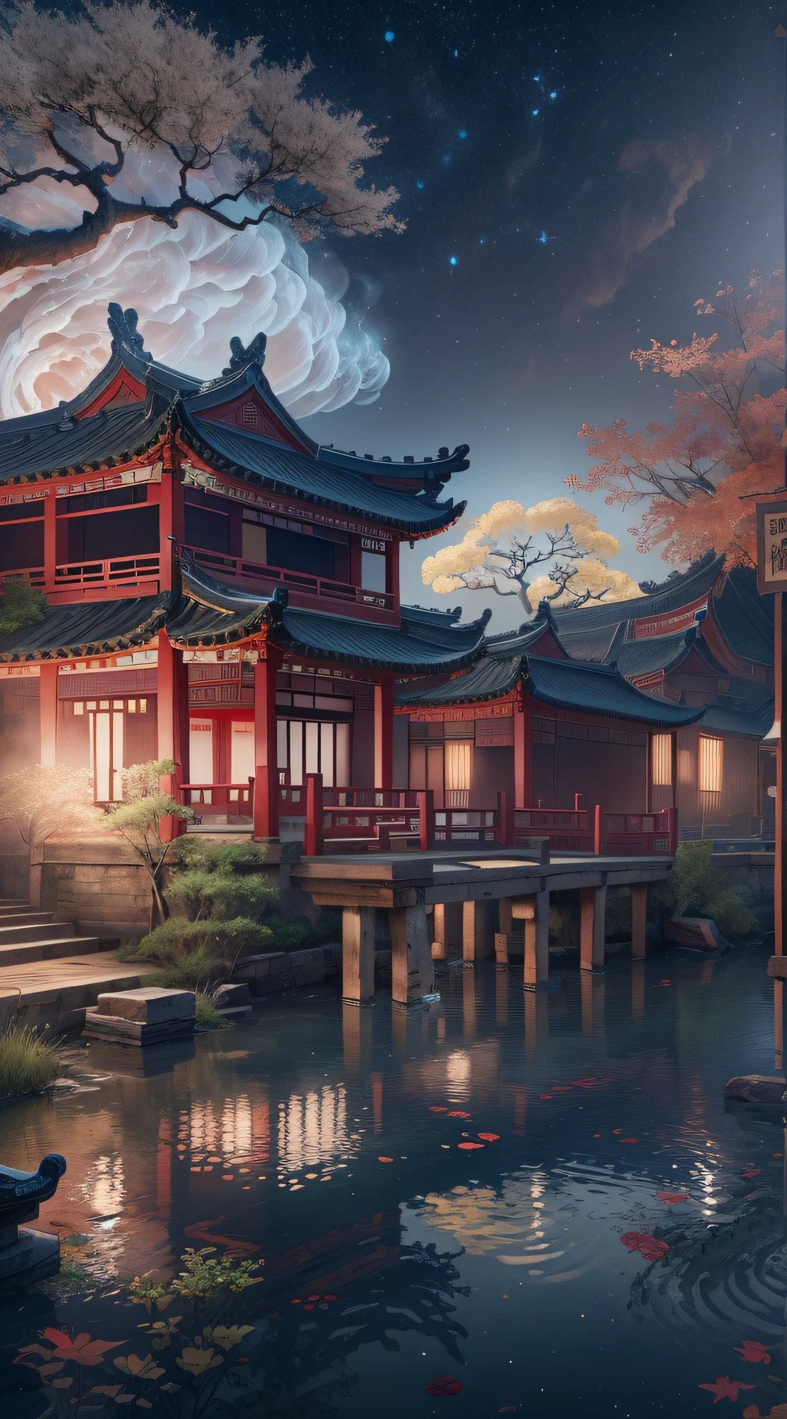 HD in a surreal CG rendering of ancient China,Jiangnan ancient buildings and ancient towns have Yaolin Wonderland。the night,The stars are bright,The smoke is fascinating,Maple and milk leaves are trees。snow landscape。k hd