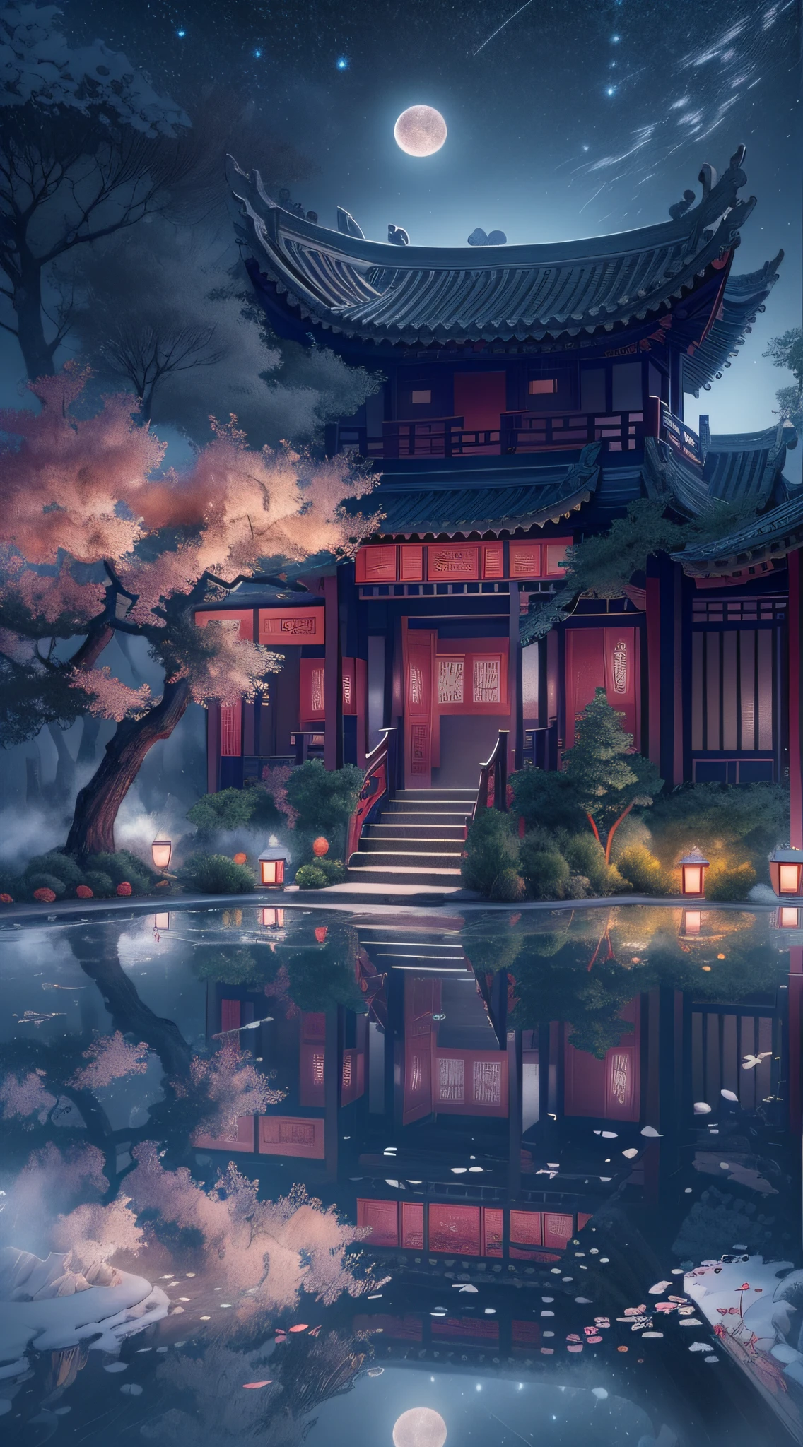 HD in a surreal CG rendering of ancient China，Jiangnan ancient buildings and ancient towns have Yaolin Wonderland。the night，The stars are bright，The smoke is fascinating，Maple and milk leaves are trees。snow landscape。k hd