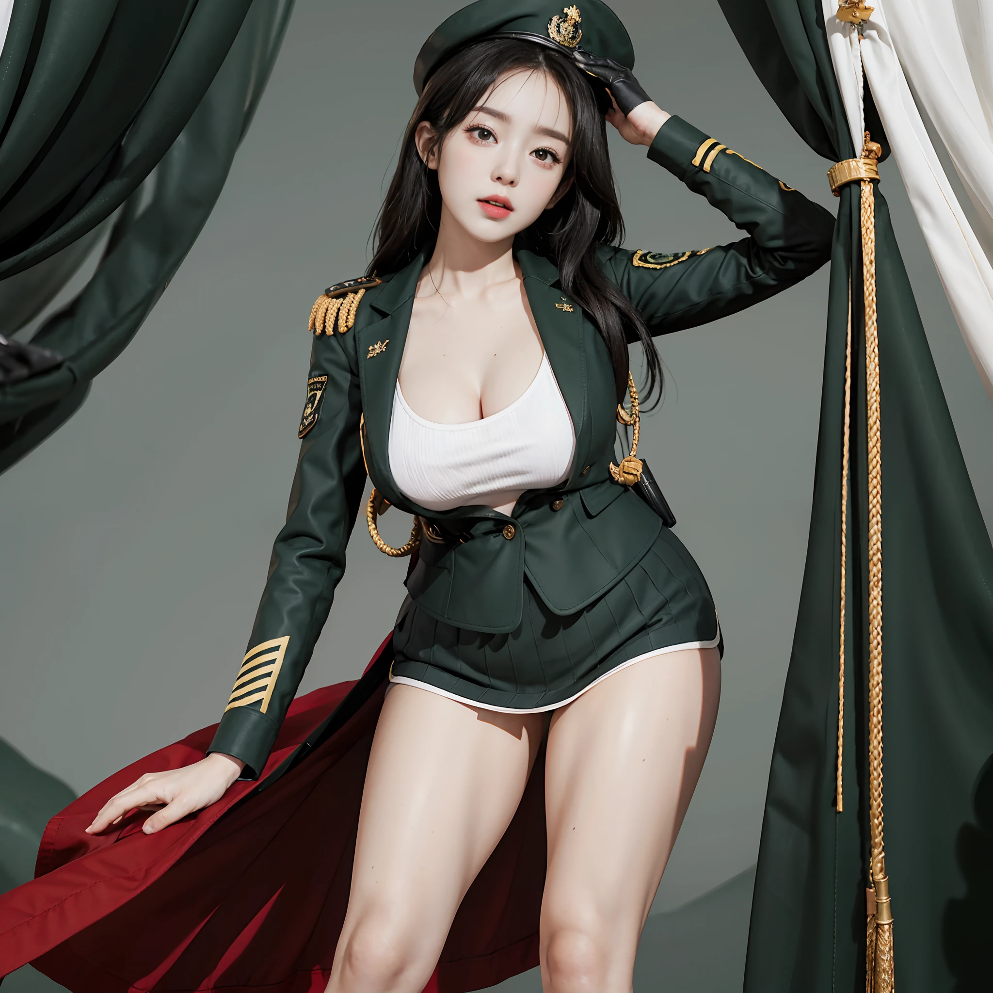 Very detailed CG unity 8K wallpaper，（tmasterpiece），（best qualtiy），（ultra - detailed），（Ultra photo realsisim），（best character detail：1.36），Nikon D750 f / 1.4 55mm，profesional lighting， physically-based renderingt, 1girll, Female soldier，army suit，Green military uniform，Long-sleeved military uniform，Fabric texture military uniform，The jacket is lined with a plain white shirt，The white shirt was soaked with sweat，The fabric of a soaked white shirt sticks to the chest，Dark green tie，(Army green skirt)，military hat，Black hair，the golden ratio,[:(com rosto detalhado:1.2):0.2]:,PureErosFace_V1, broad shoulder,(Plump breasts:1.5),(Bigchest:1.5),(big assa:1.5)，Wide buttock ，Bare legged，Plump legs，White panties are slightly exposed at the bottom of the skirt，whitestocking，without wearing shoes，Soaked with sweat，red flags，at class room，bright sun，Bright smile，White teeth，lighting，Contre-Jour，