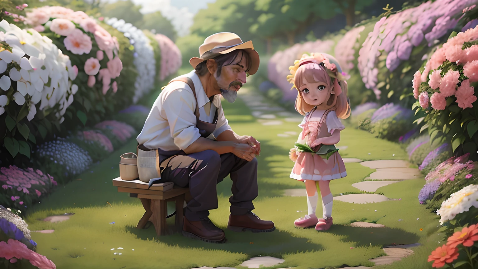 Anime picture of a middle-aged gardener talking to a cute little girl among flowers, large garden with very beautiful flowers of various kinds around them, numerous flowers, large garden crowded with flowers, many many flowers, various flowers of varying colours and sizes, flowers background, sea of flowers, flower bed, big flowers, small flowers, colourful, plenty flowers