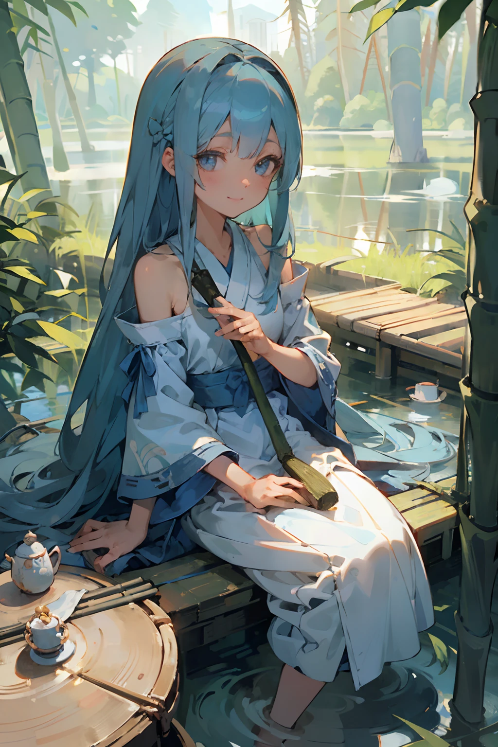 Masterpiece, Best Quality, Official Art, 8k Wallpaper, Very Detailed, Illustration, 1 Girl, Sky Blue Hair, Long Hair, Detailed Eyes, Forrest Gump, Bare Shoulders, Hanfu, Lake, Pure, Soft Smile, bamboo, tea