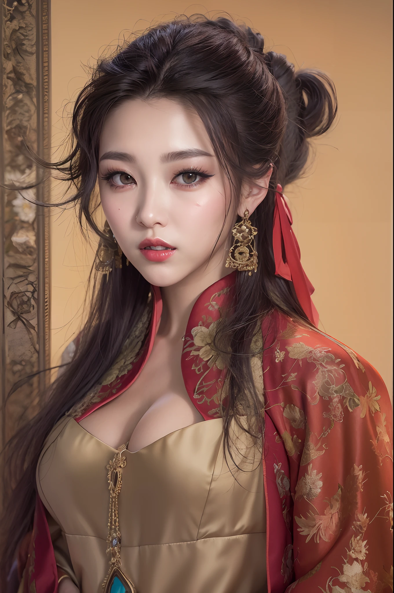 Very detailed CG unity 8k wallpaper，（tmasterpiece），（best qualtiy），（ultra - detailed），（Ultra photo realsisim），（best character detail：1.36），Nikon D750 f / 1.4 55mm，dynamic angle，profesional lighting，photon maping，Radio City, physically-based renderingt, exteriors, busy street, looking at viewert, Be red in the face, 1girl, a matural female, A MILF, Tall body, the golden ratio,(Kpop idol),(Oil skin:1.2),(Oil skin:1.1), makeup,[:(high detailed face:1.2):0.2]:,PureErosFace_v1, ((Curly gray hair and sophisticated style)),(aegyo sal:1),(puffy eye),(eyeslashes:1.1), (cparted lips:1.1),red lipsticks,broad shoulder,(Bigchest:1.5),(cleavage:1.2),beast ear,(big assa:1.2),upper legs,Silk coat,song dynasty,song dynasty,Song costume